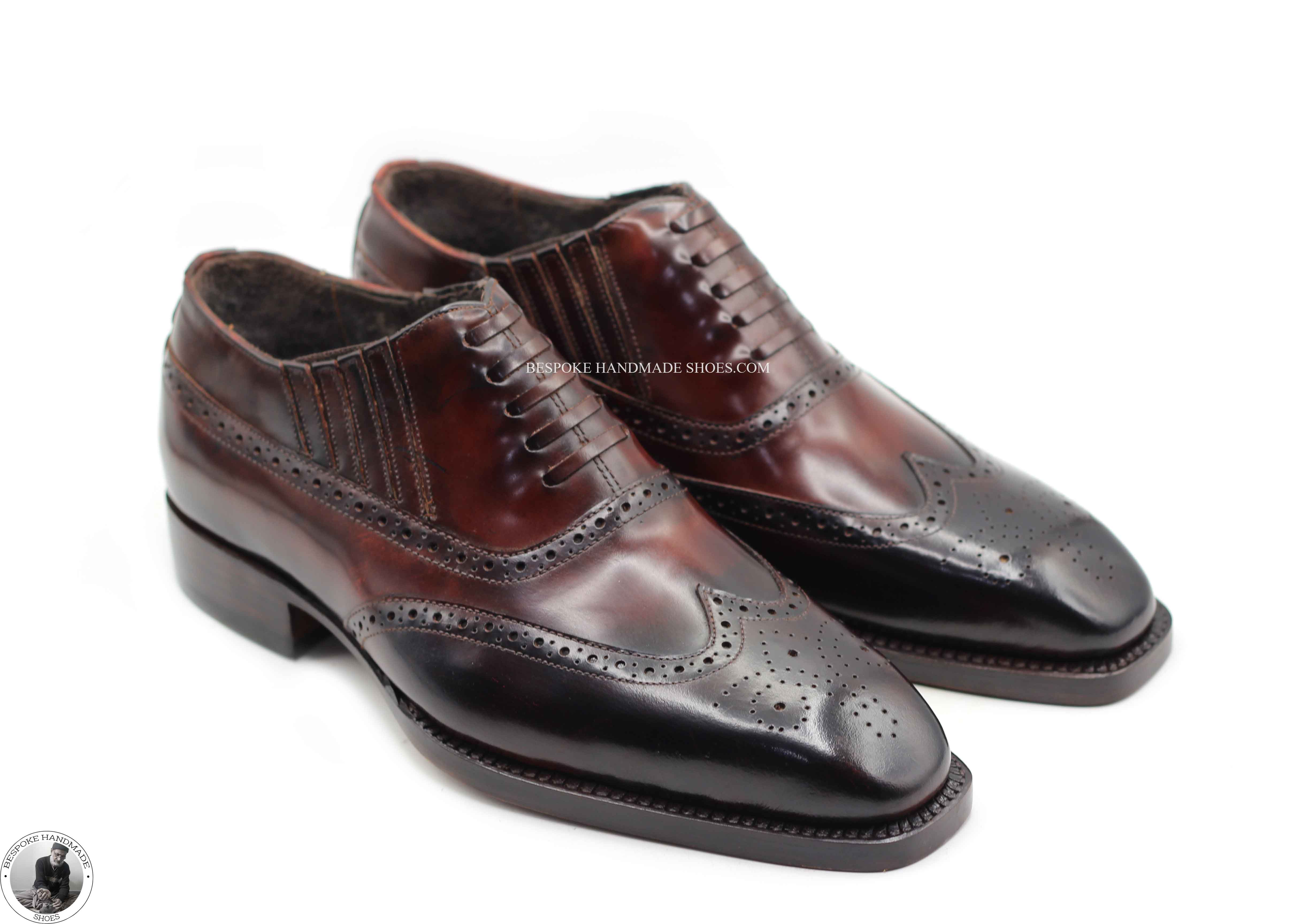 Bespoke Men's Handmade Maroon Leather Brown Shaded Toe Oxford Wingtip Brogue Party Shoes For Men's