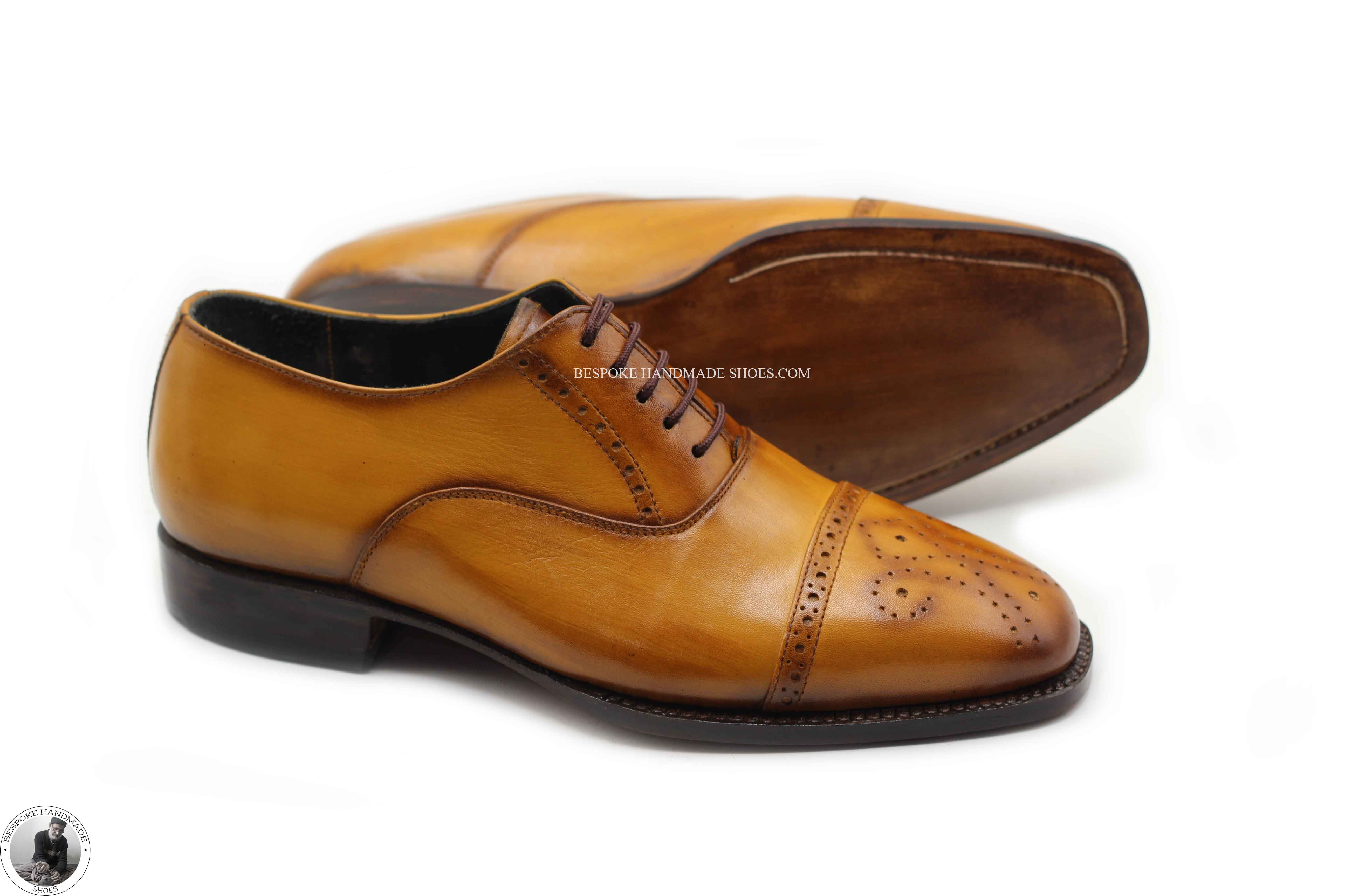 Bespoke Men's Handmade Tan Leather Oxford Toe Cap Brogue Dress Shoes For Men's