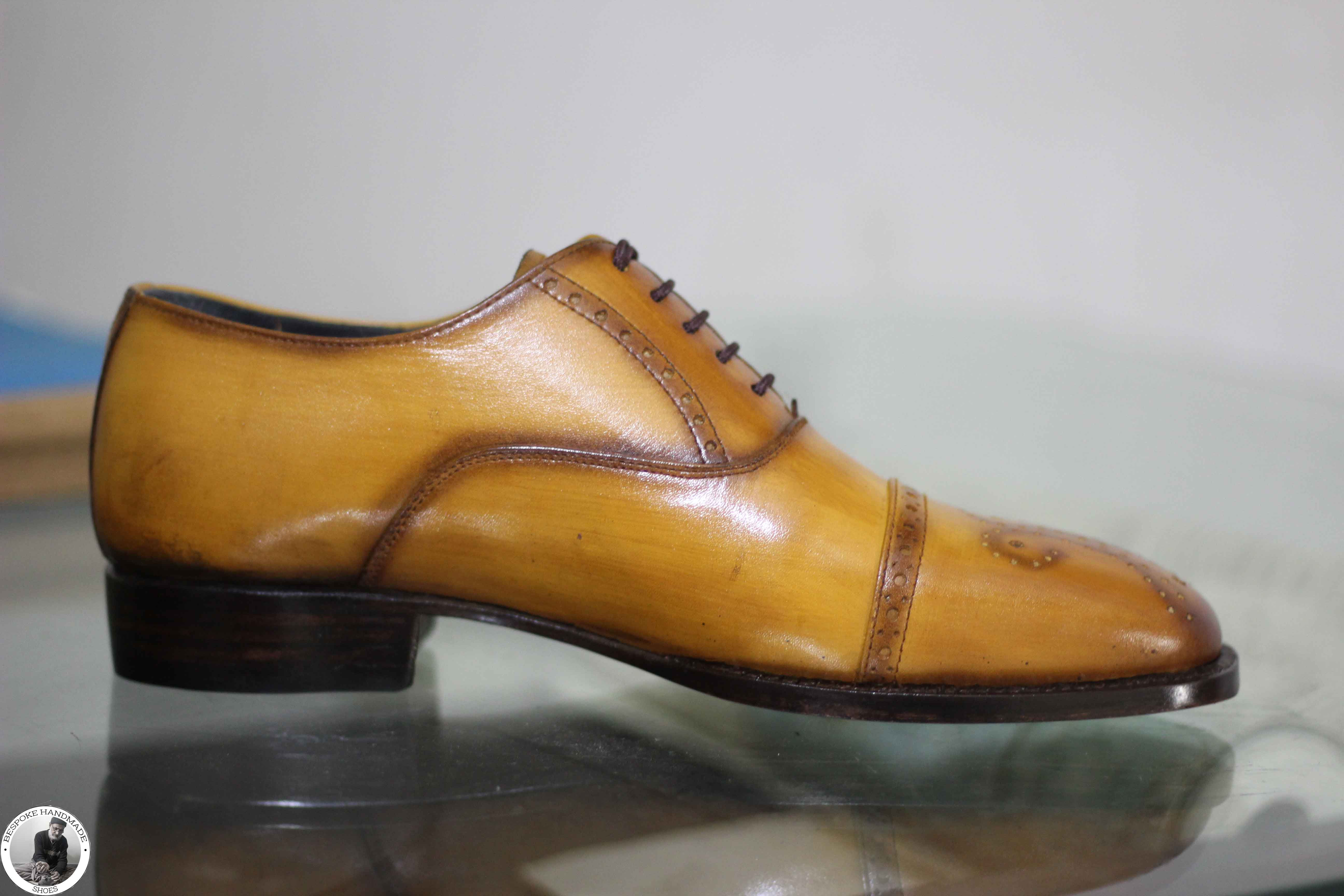 Bespoke Men's Handmade Tan Leather Oxford Toe Cap Brogue Dress Shoes For Men's