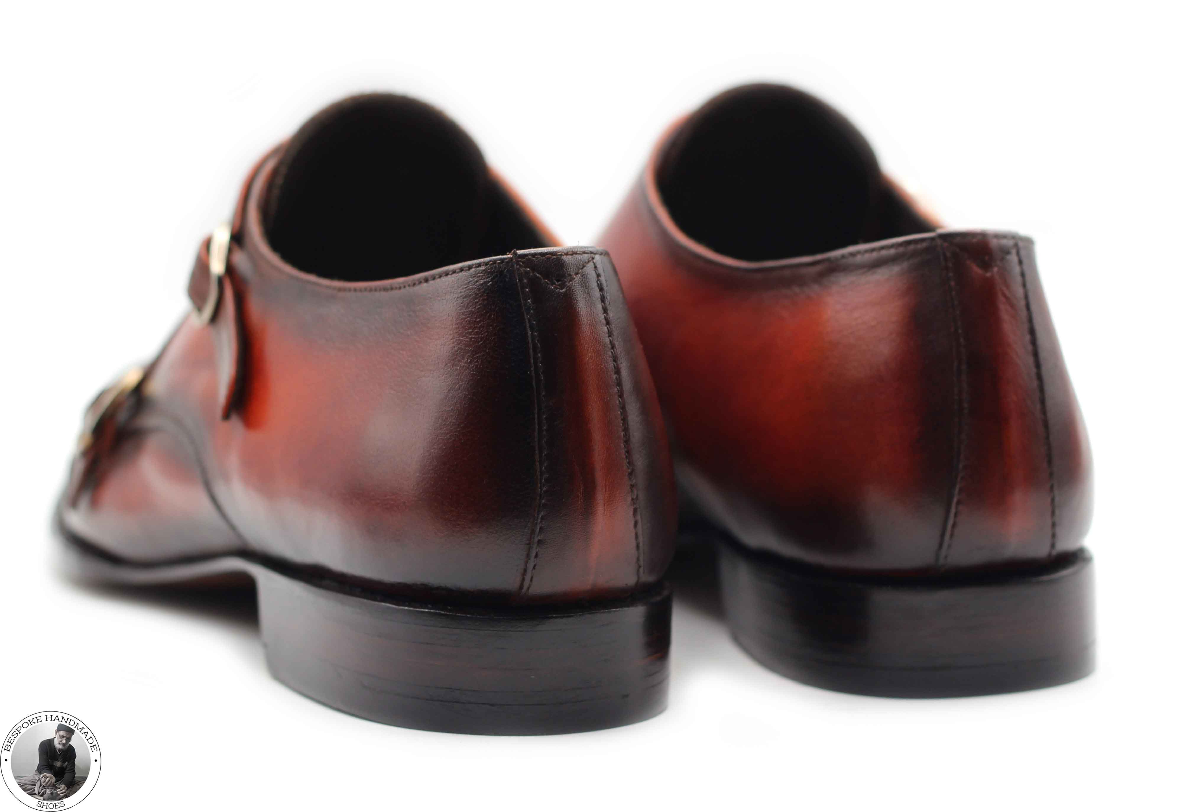 Bespoke Men's Handmade Red Leather Black Shaded Double Monk Strap Casual Shoes For Men's