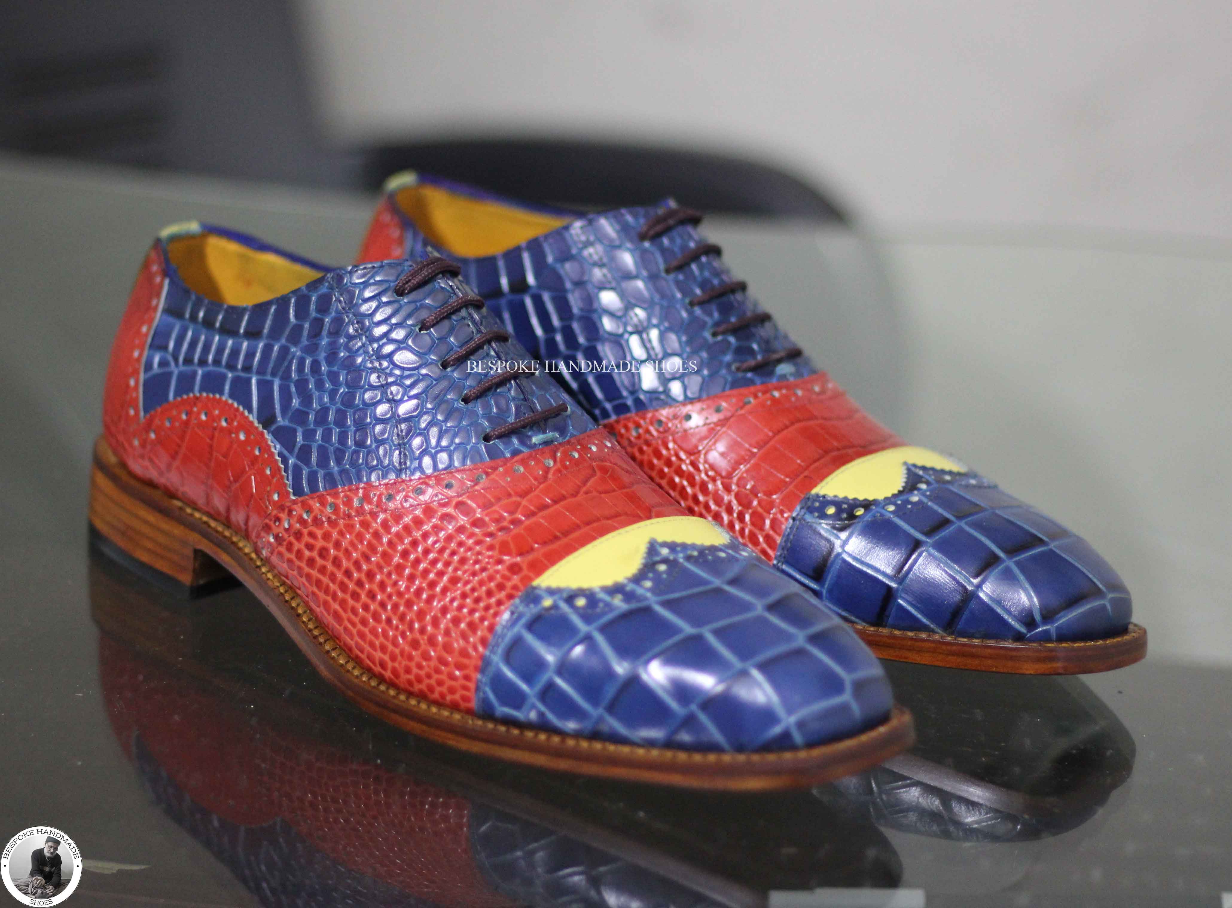 Handmade Men's Dress Shoes,  Red, Yellow, Blue Alligator Print Leather Oxford Wingtip Lace Up Stylish Men's Shoes