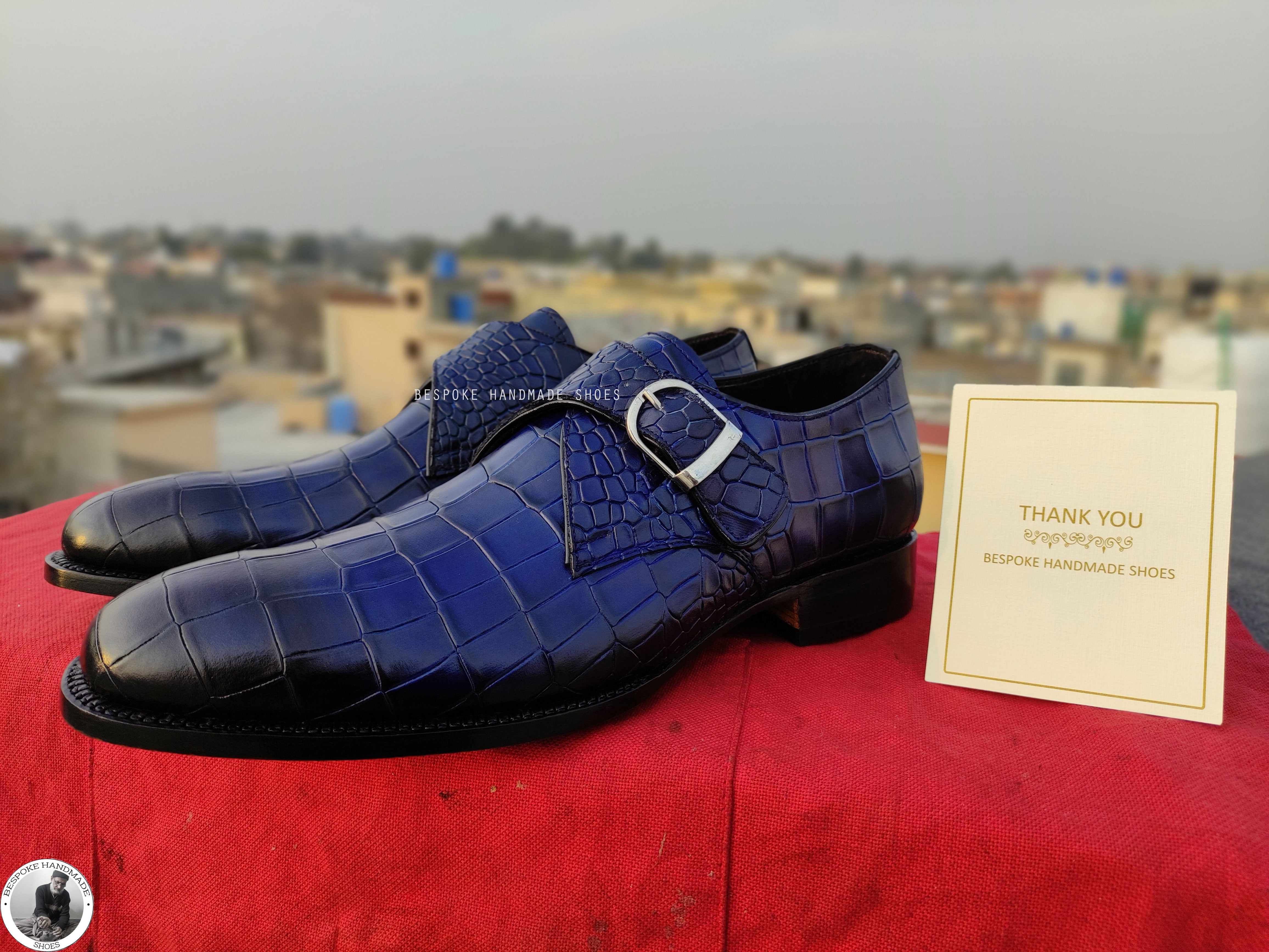 Bespoke Men's Handmade Blue Leather, Black Shaded Single Monk Strap Slip On Party Shoes For Men's