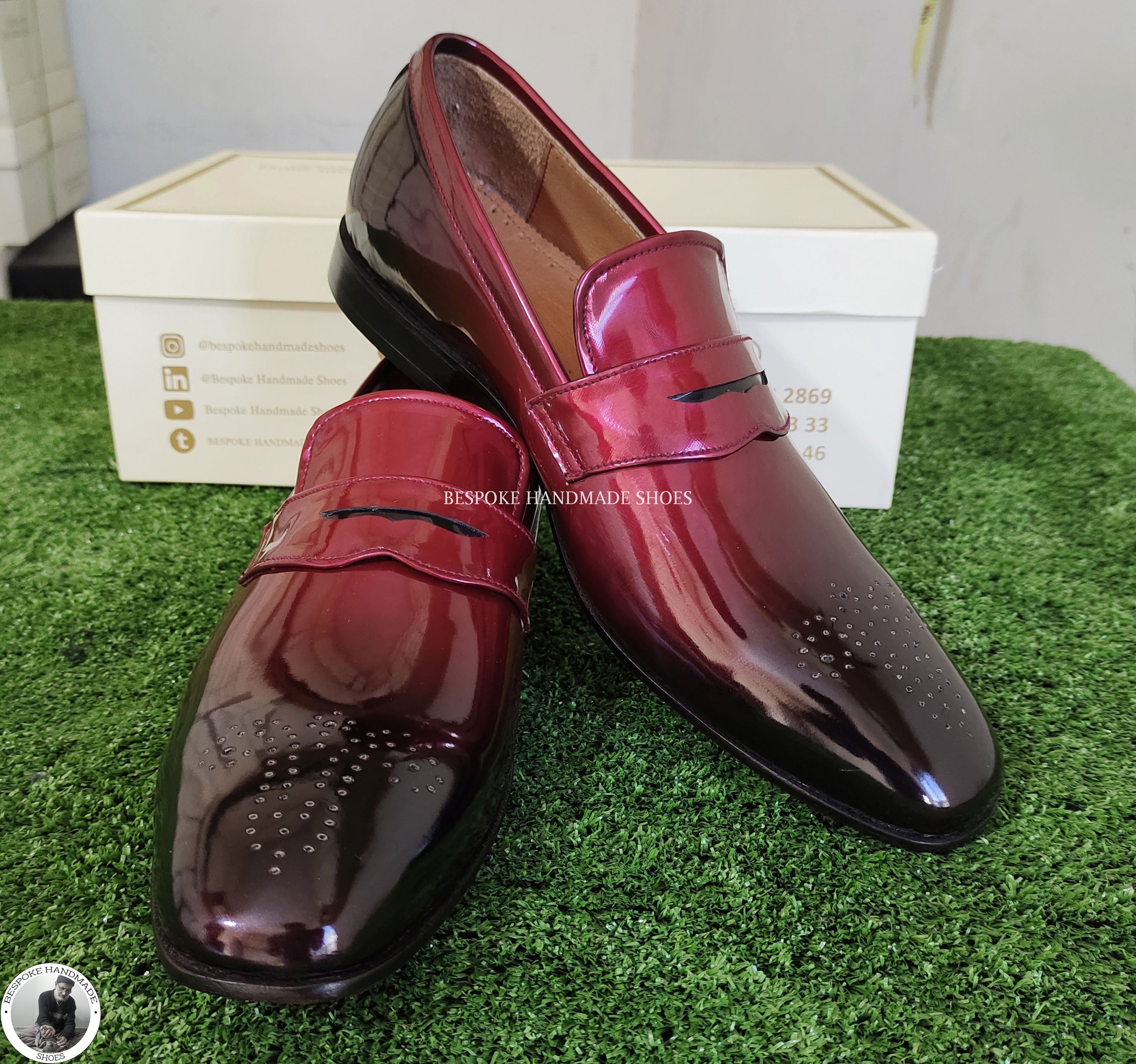 Handcrafted Men’s Red Patent Black Shaded Wholecut Loafer Style Brogue Dress Shoes
