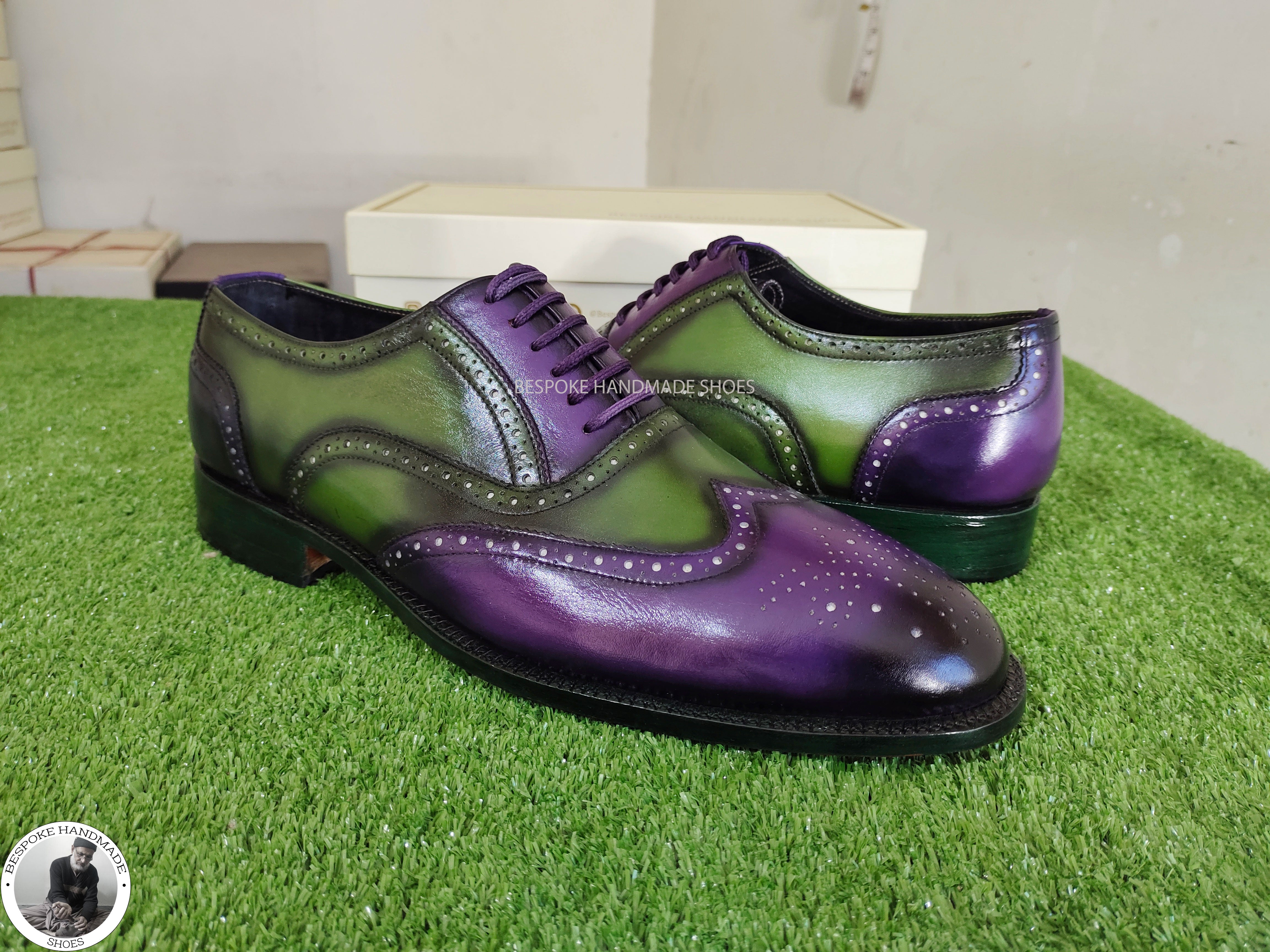 Handmade Genuine Green And Purple Leather  Wingtip Brogue Oxford Lace Up Wedding Shoes