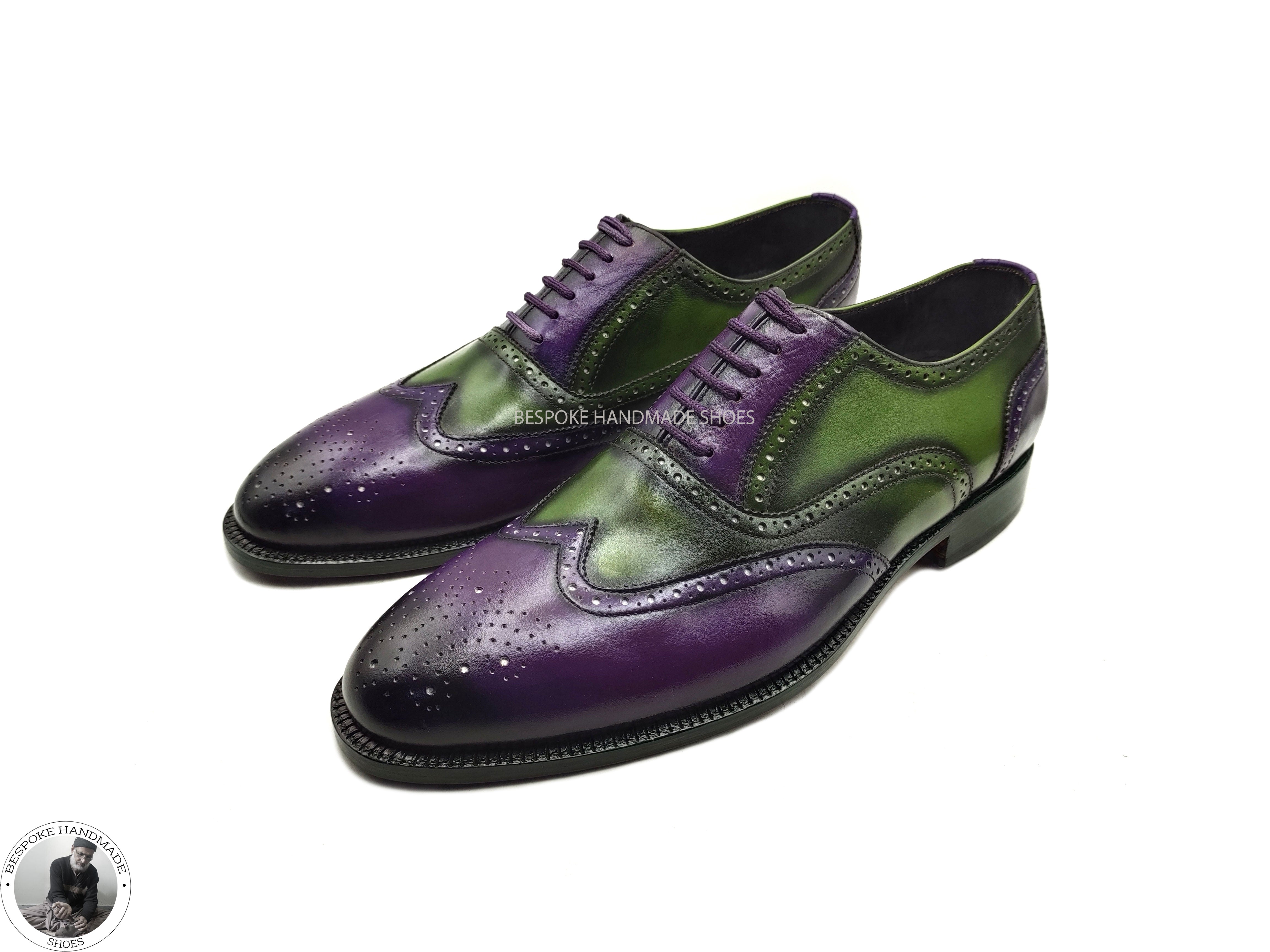 Handmade Genuine Green And Purple Leather  Wingtip Brogue Oxford Lace Up Wedding Shoes