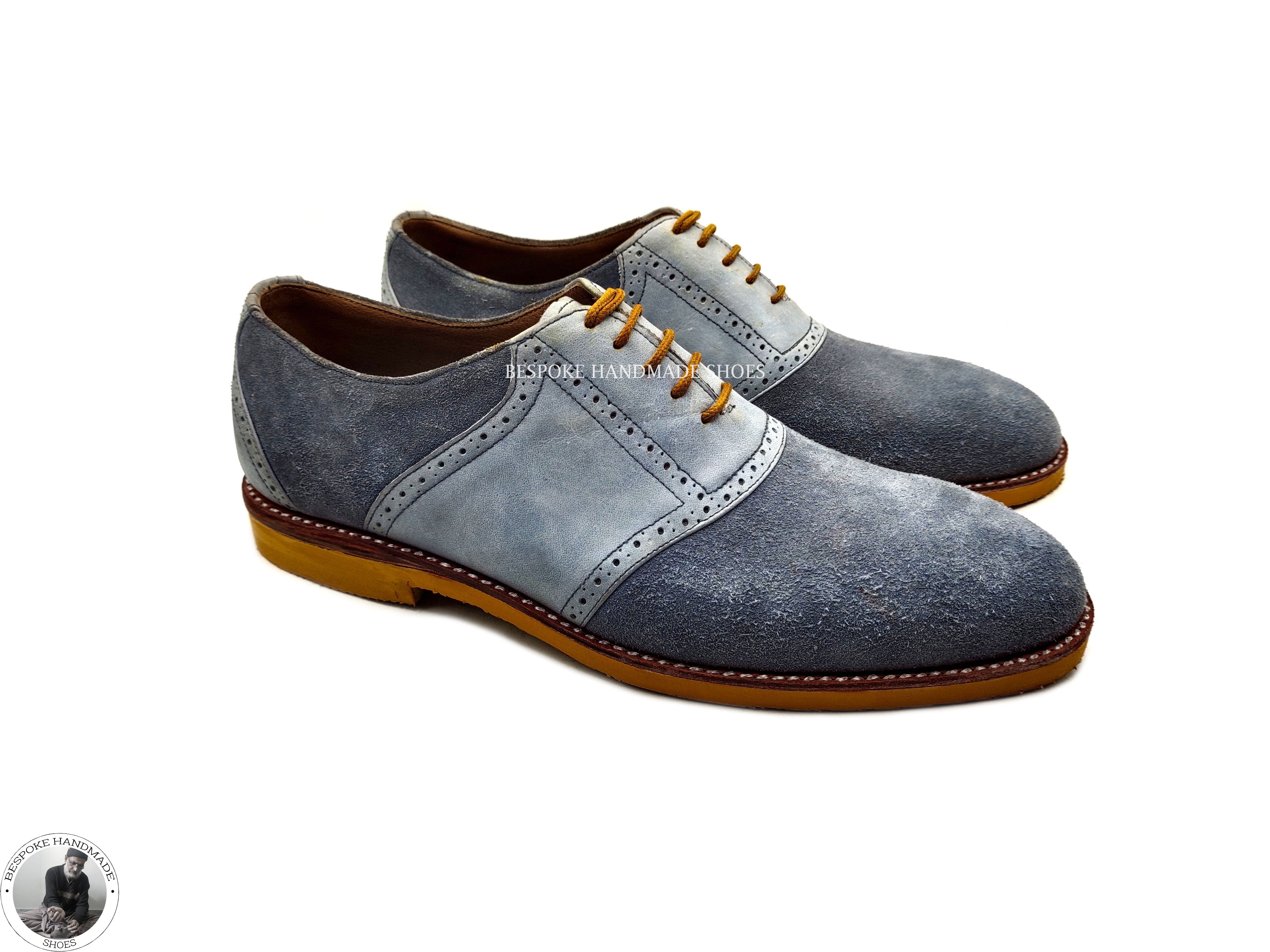 Custom Made Bespoke Men's Blue Leather and Suede Oxford Lace Up Vibram Sole Dress Shoes