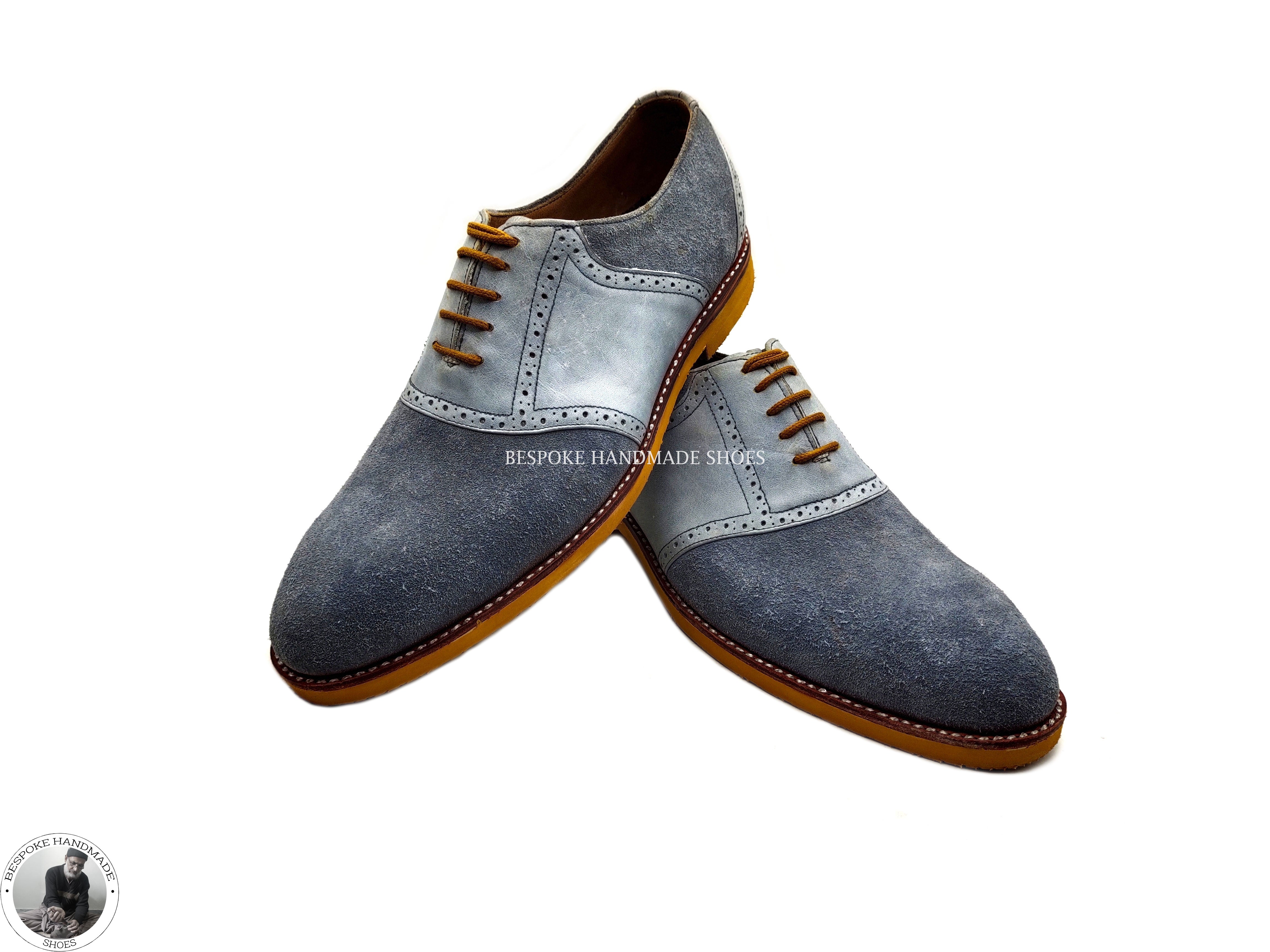 Custom Made Bespoke Men's Blue Leather and Suede Oxford Lace Up Vibram Sole Dress Shoes