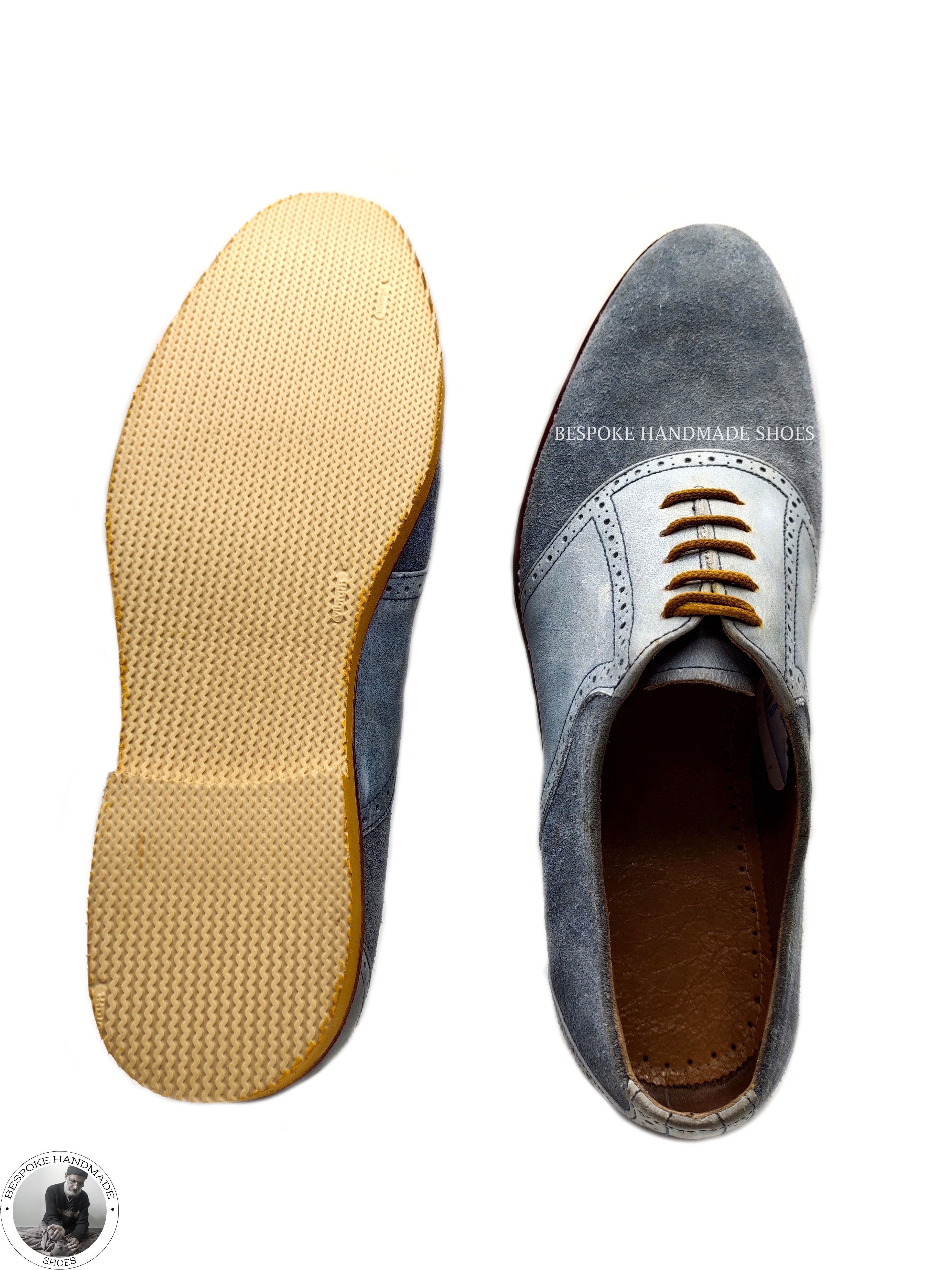 Custom Made Bespoke Men's Blue Leather and Suede Oxford Lace Up Vibram Sole Dress Shoes