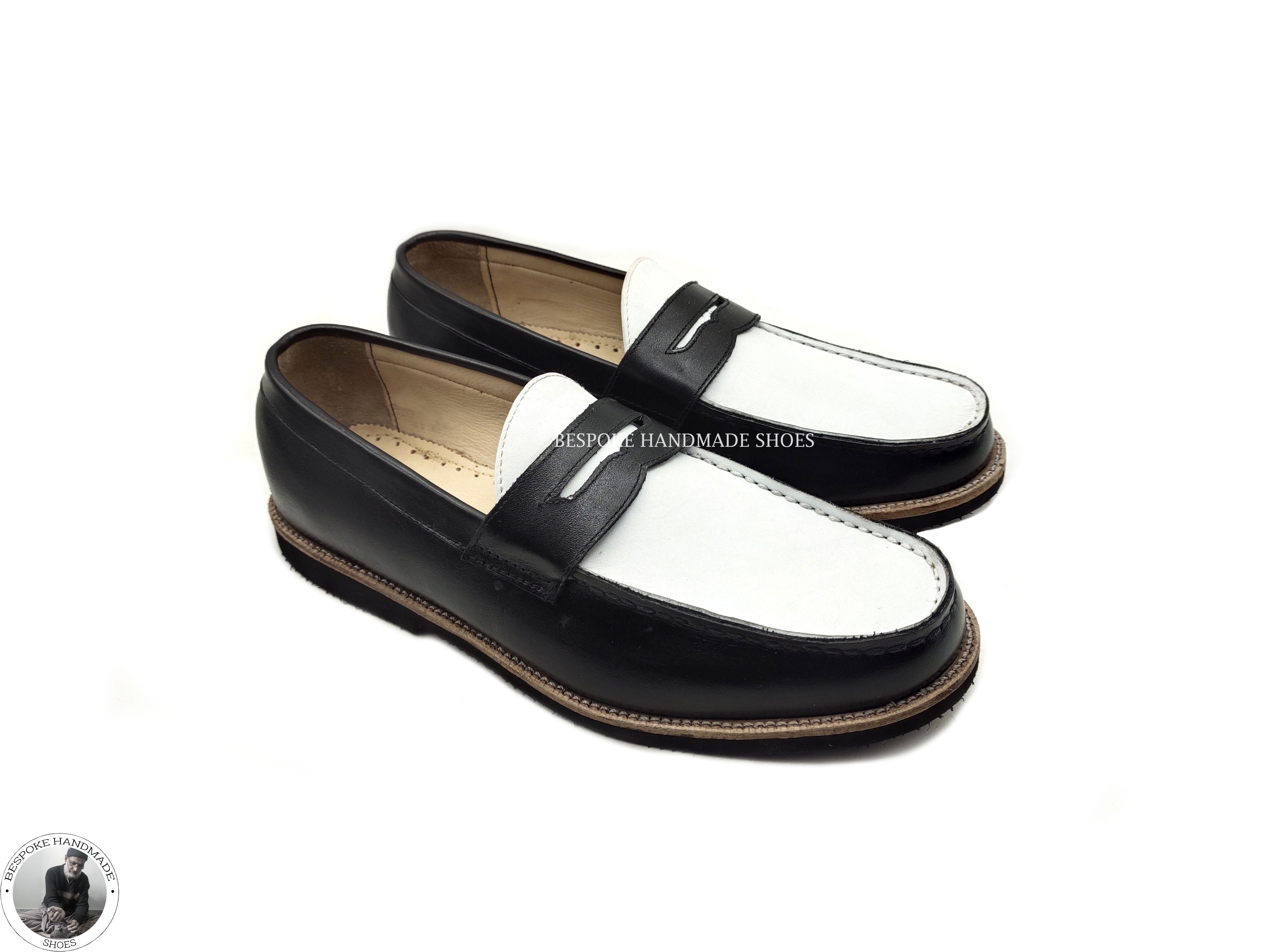 Buy Handmade Stylish Black and White Loafer Moccasin Slip on Dress/Formal Shoes