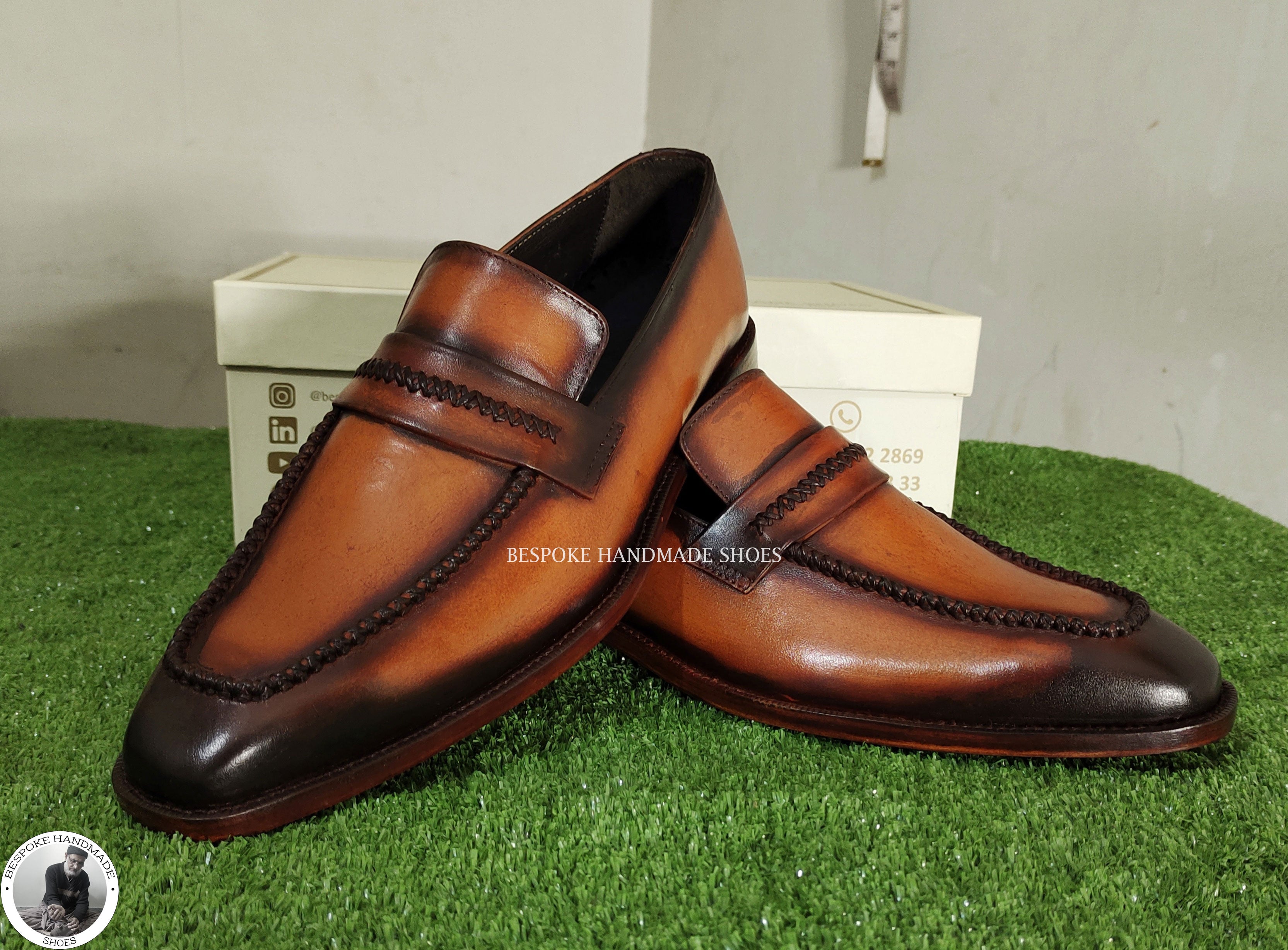 Handmade Men’s Formal Business Comfortable Brown Leather Bit Black Shaded Loafer moccasian Shoes