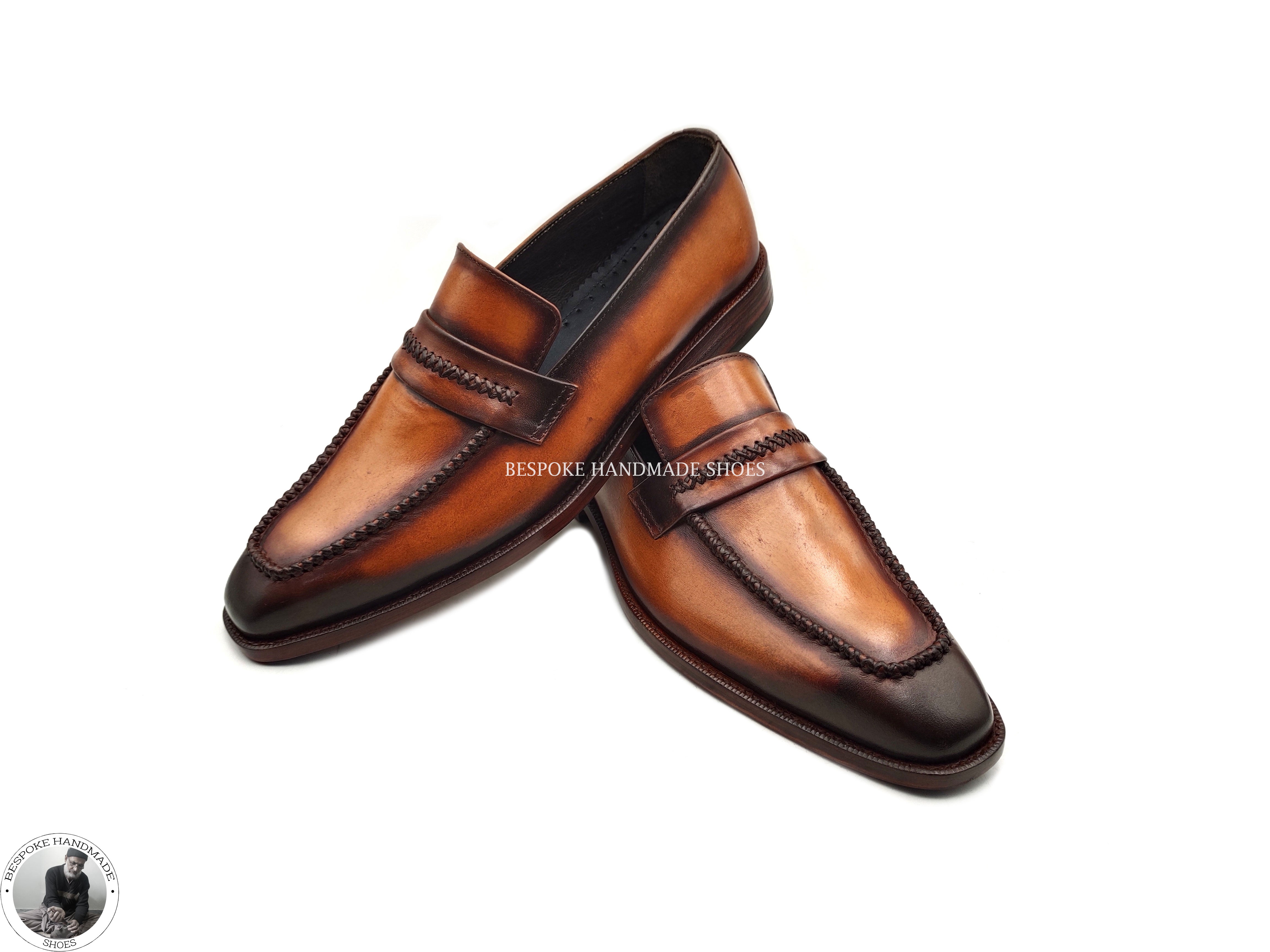 Handmade Men’s Formal Business Comfortable Brown Leather Bit Black Shaded Loafer moccasian Shoes