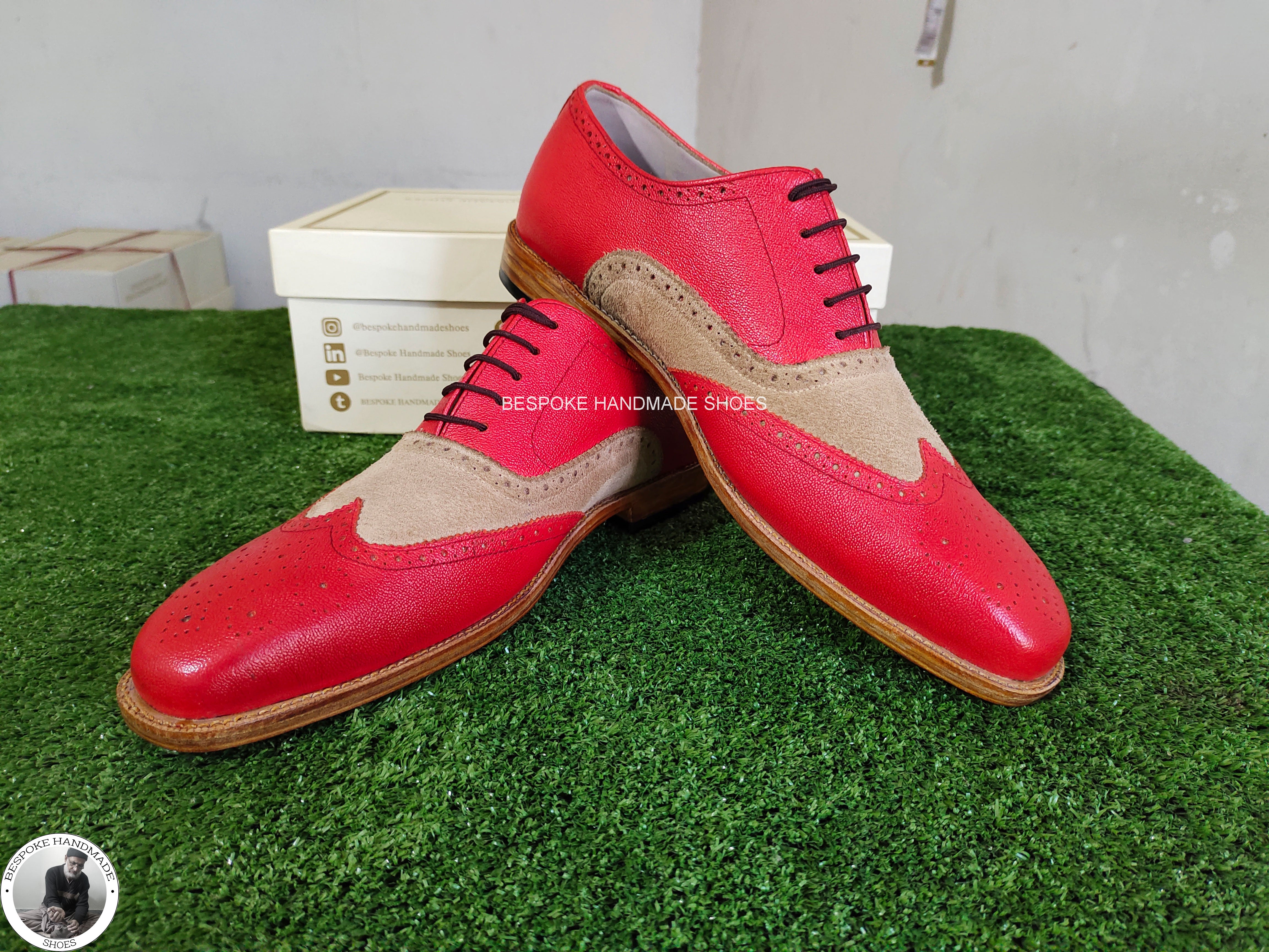 Premium Quality Handmade Two Tone Leather and Suede Oxford Wingtip Brogue Lace up  , Formal Shoes