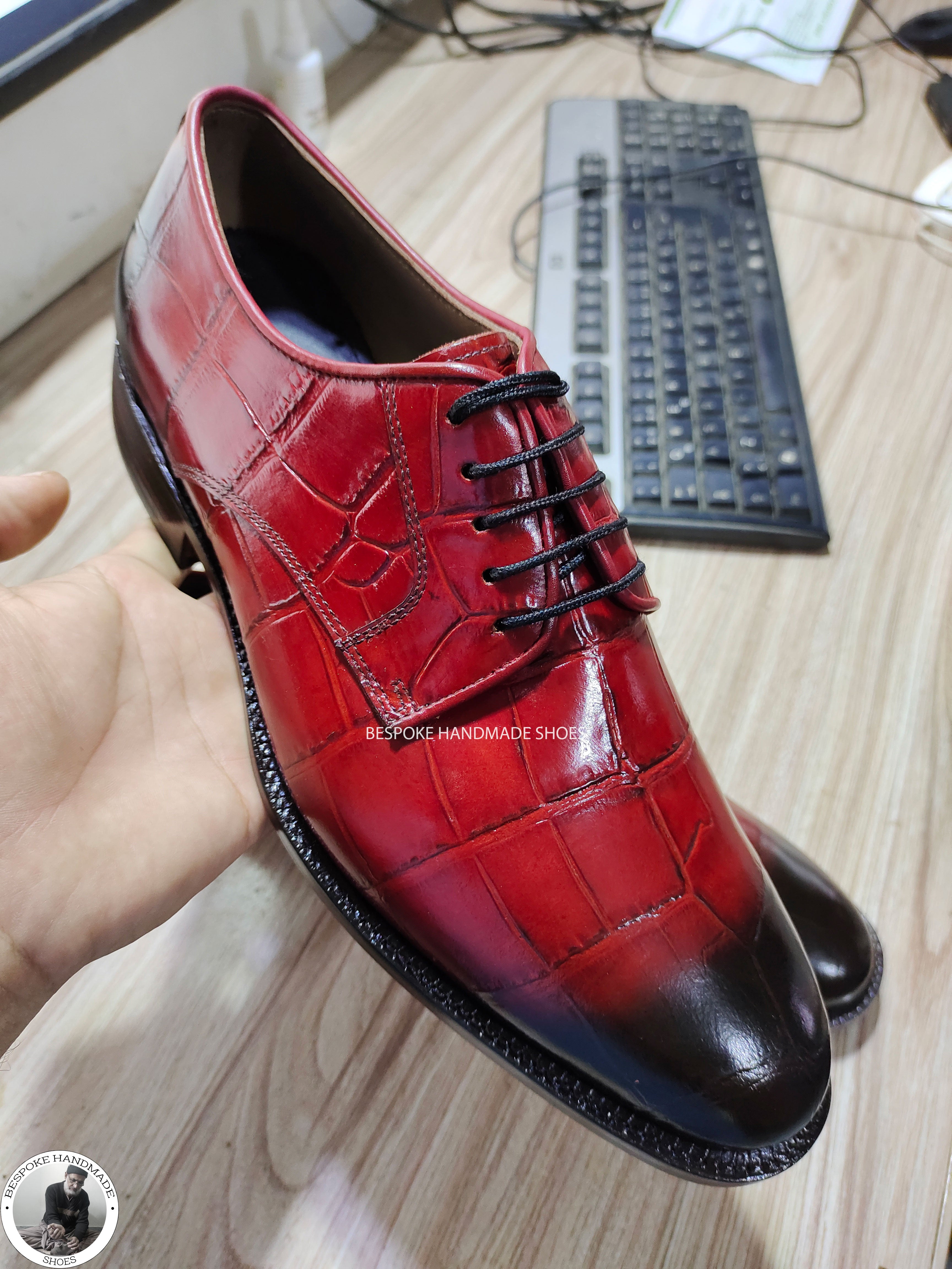 Bespoke Red Crocodile Print Leather Black Shaded Derby Lace Up Formal Handmade Men Shoes