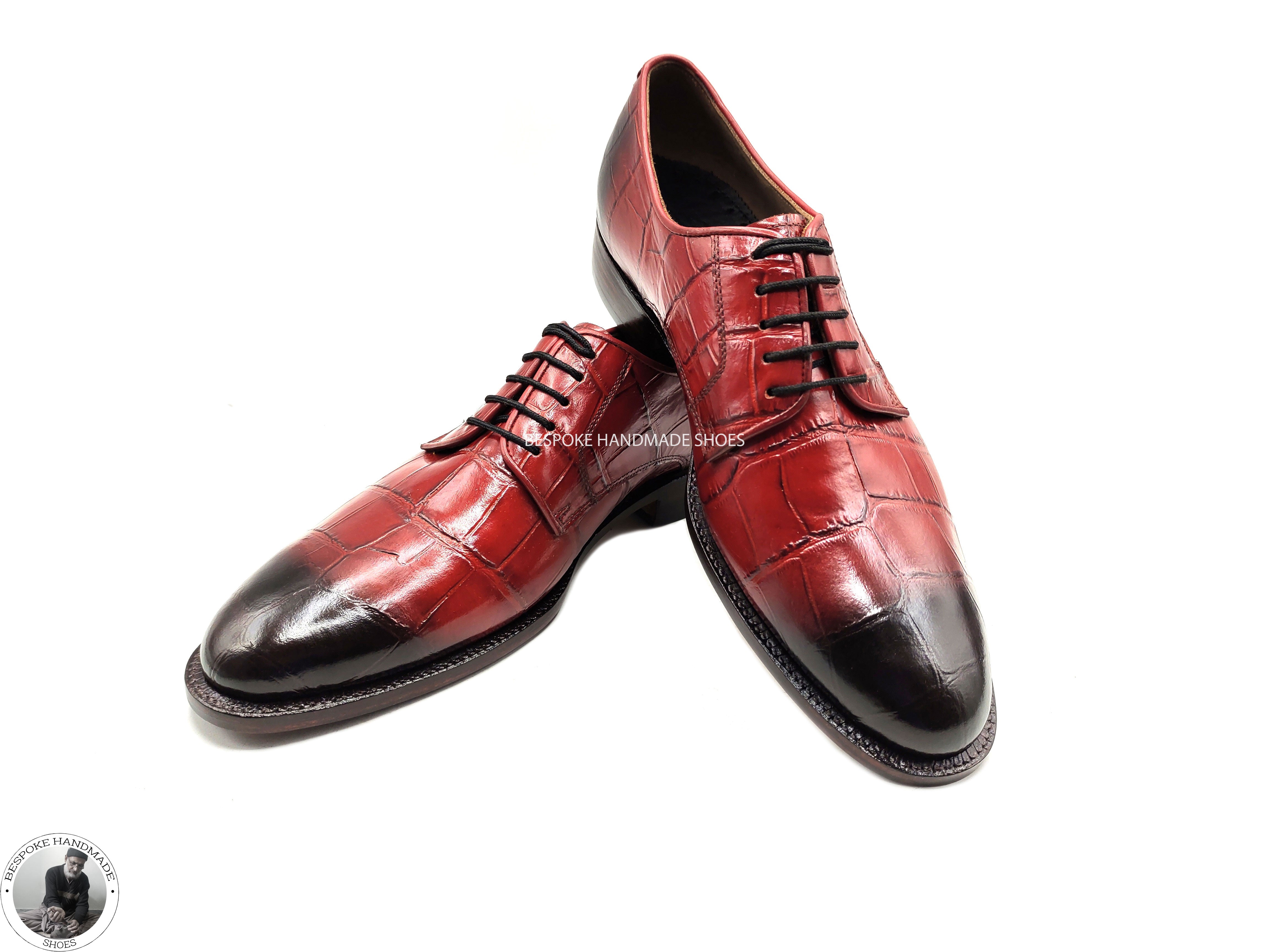 Bespoke Red Crocodile Print Leather Black Shaded Derby Lace Up Formal Handmade Men Shoes