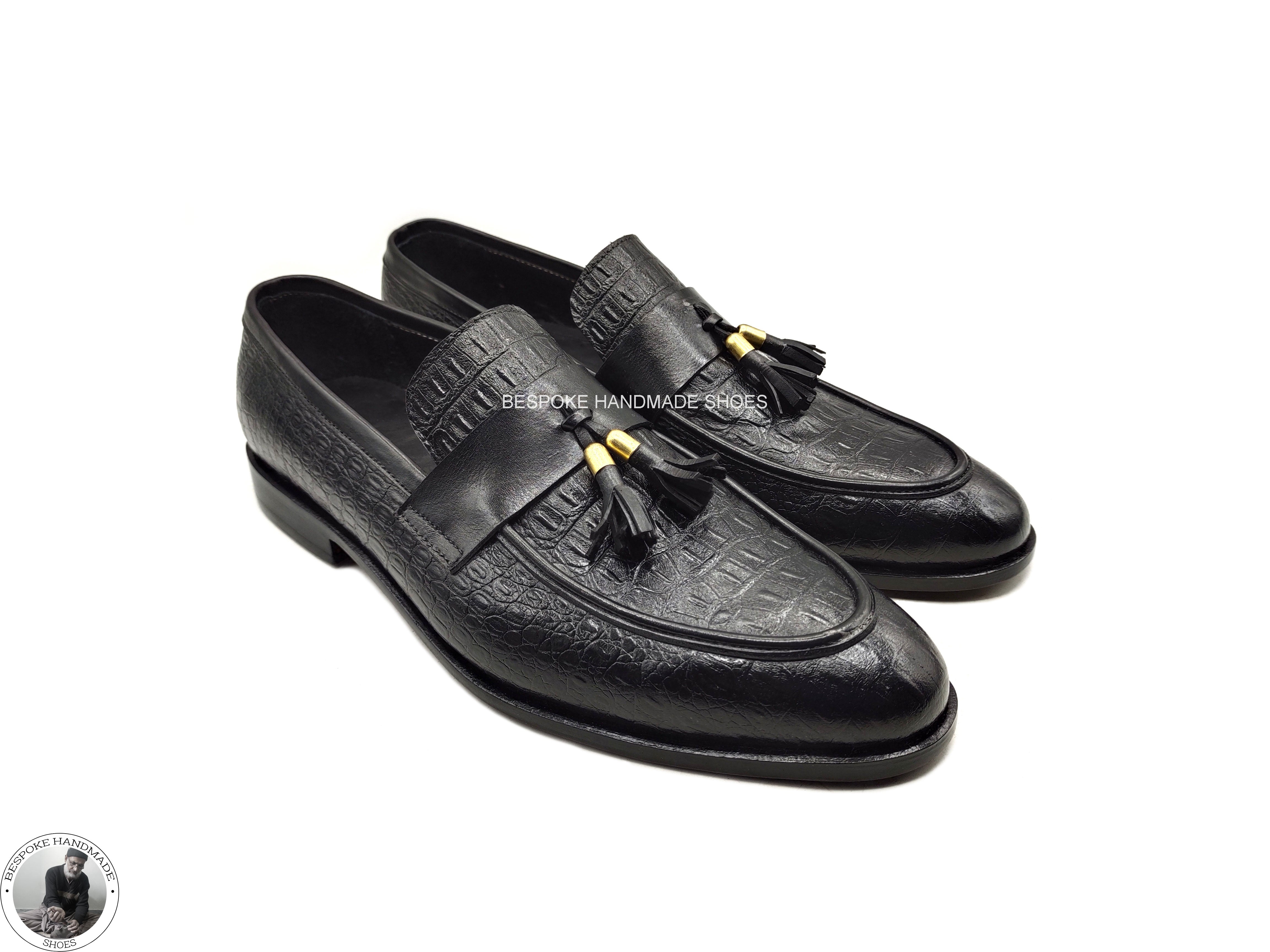 Handmade Genuine Black Pure Leather Alligator Print Loafer Moccasin Slip on Leather Tassels Fashion Shoes For Men