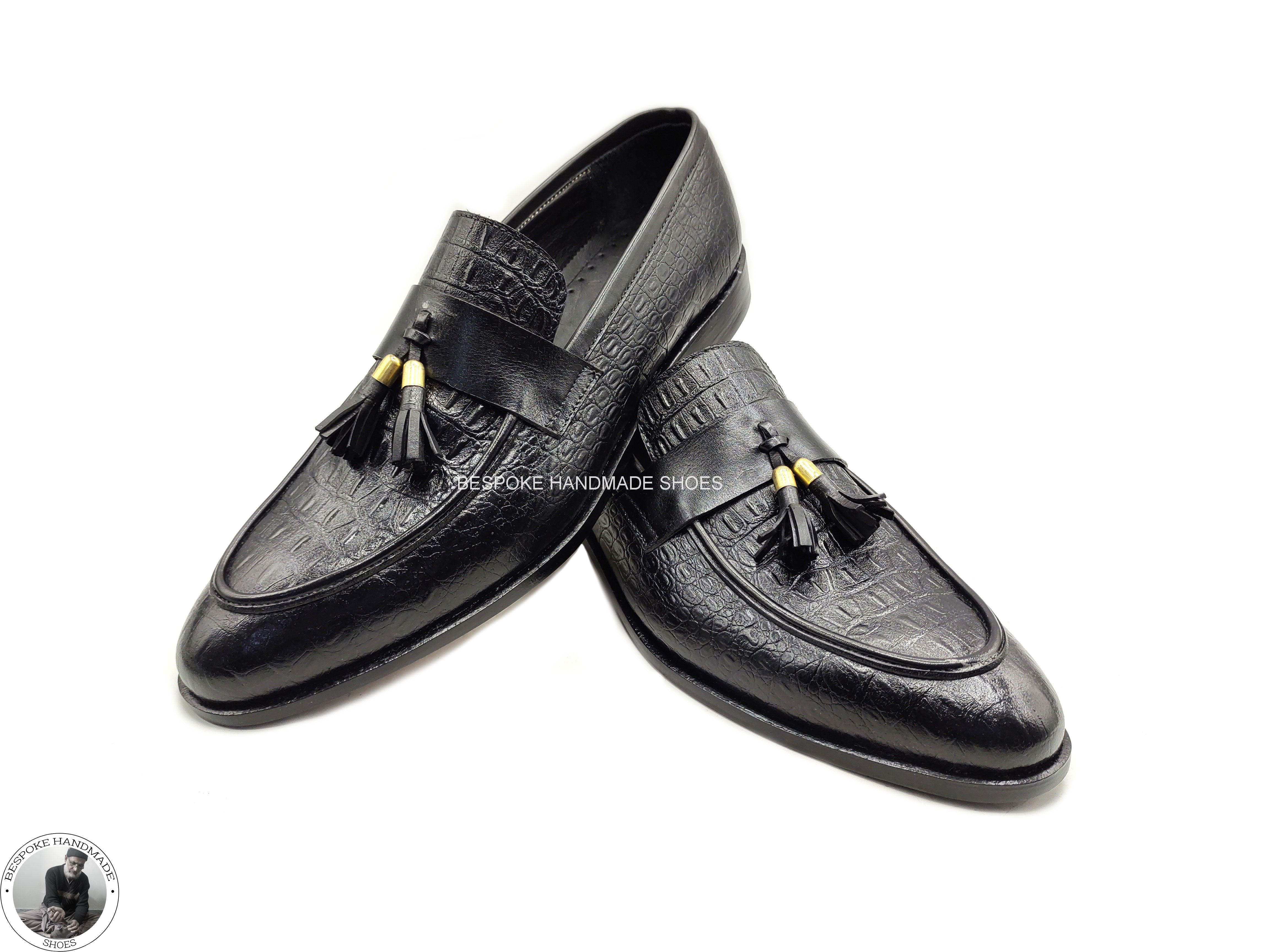 Handmade Genuine Black Pure Leather Alligator Print Loafer Moccasin Slip on Leather Tassels Fashion Shoes For Men