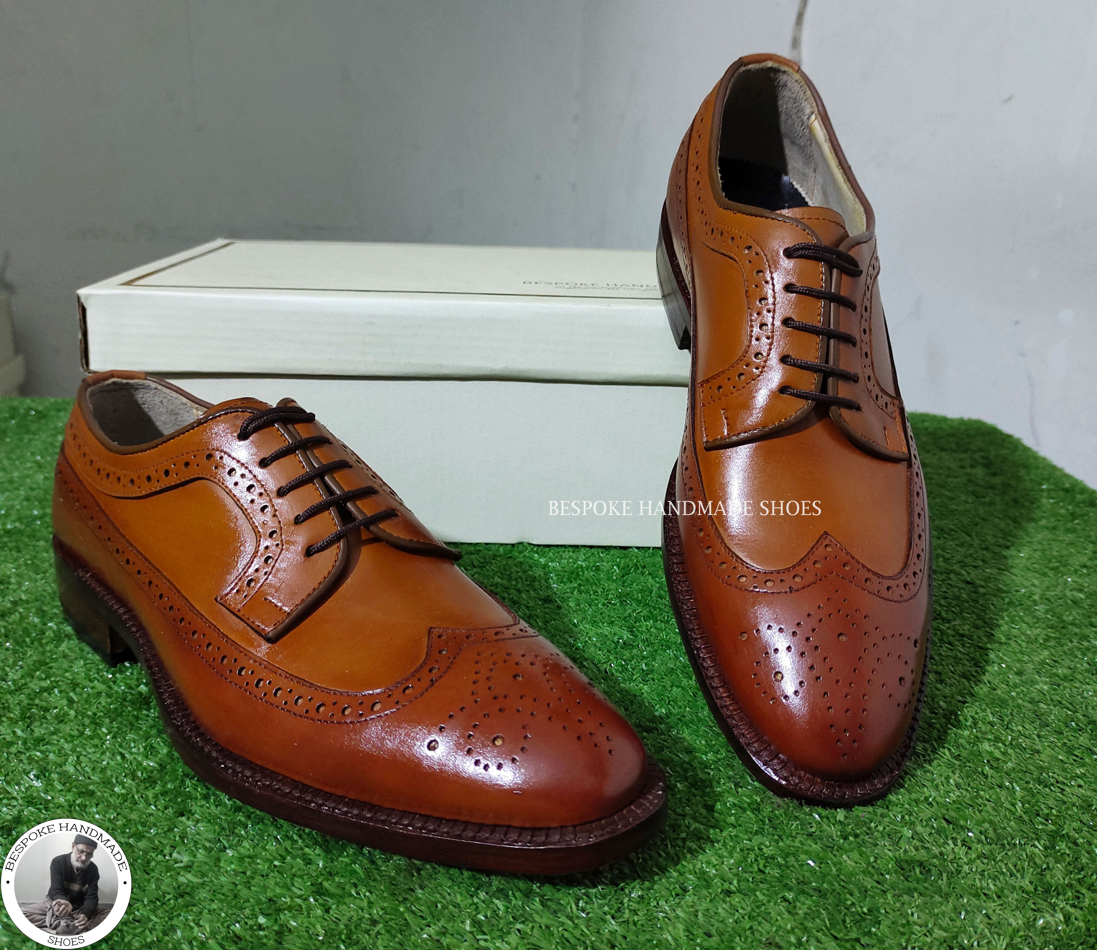 Men's Handmade Custom Made Shoes Brown Leather Oxford Wingtip Brogue Dress Shoes