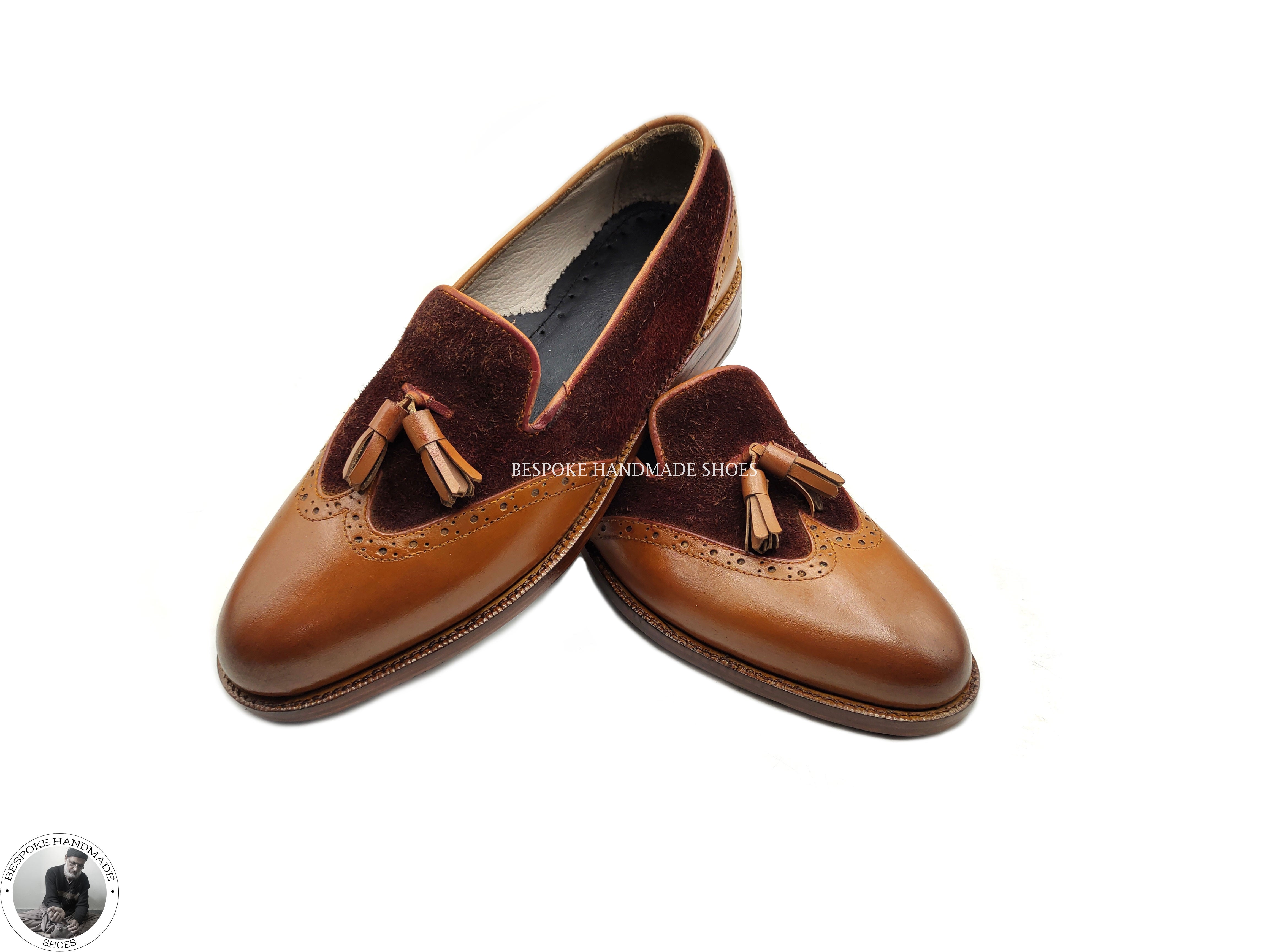 Bespoke Handmade Stylish Brown Leather And Suede Loafer Style Leather Tassels Casual Shoes