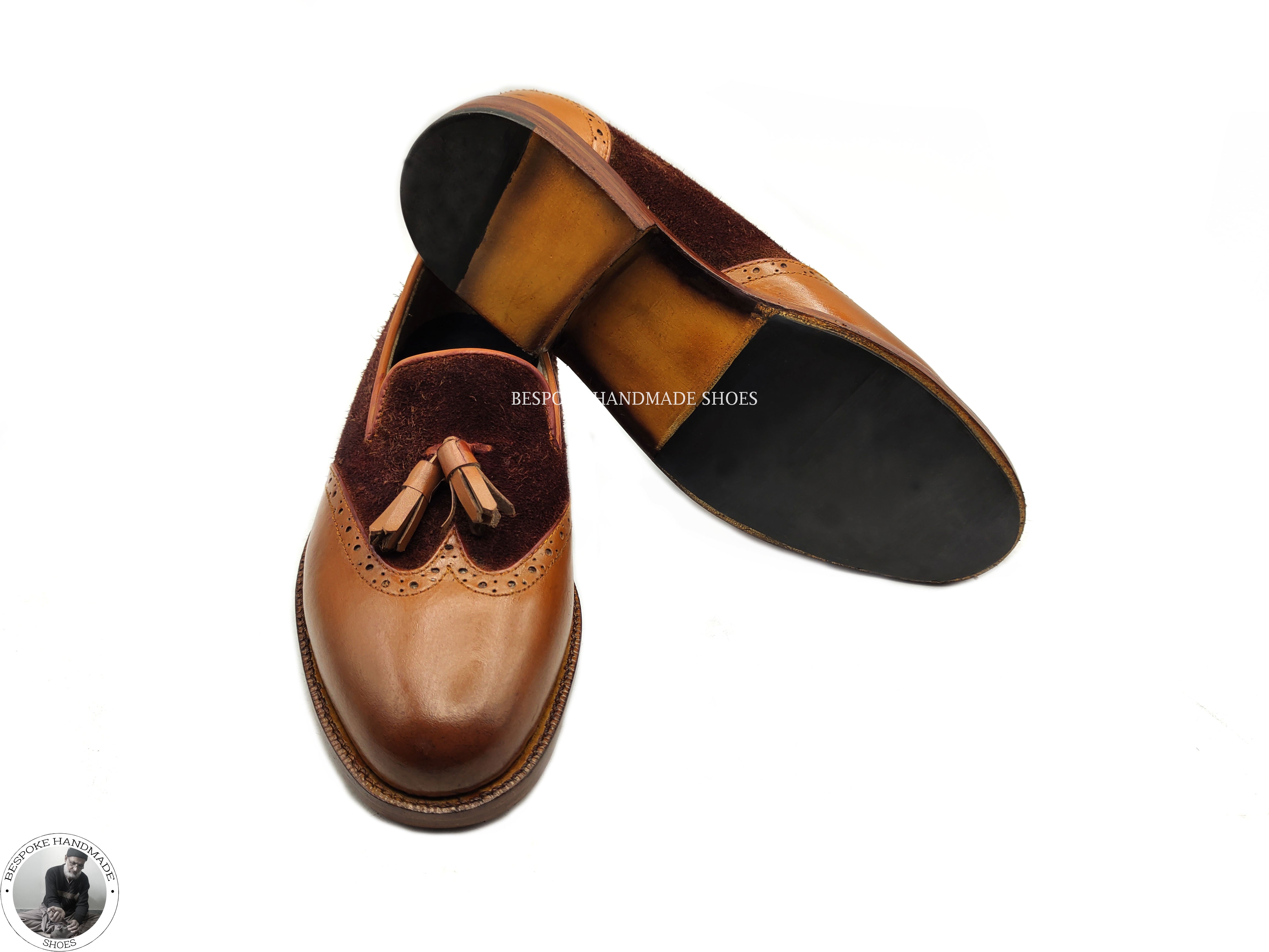Bespoke Handmade Stylish Brown Leather And Suede Loafer Style Leather Tassels Casual Shoes