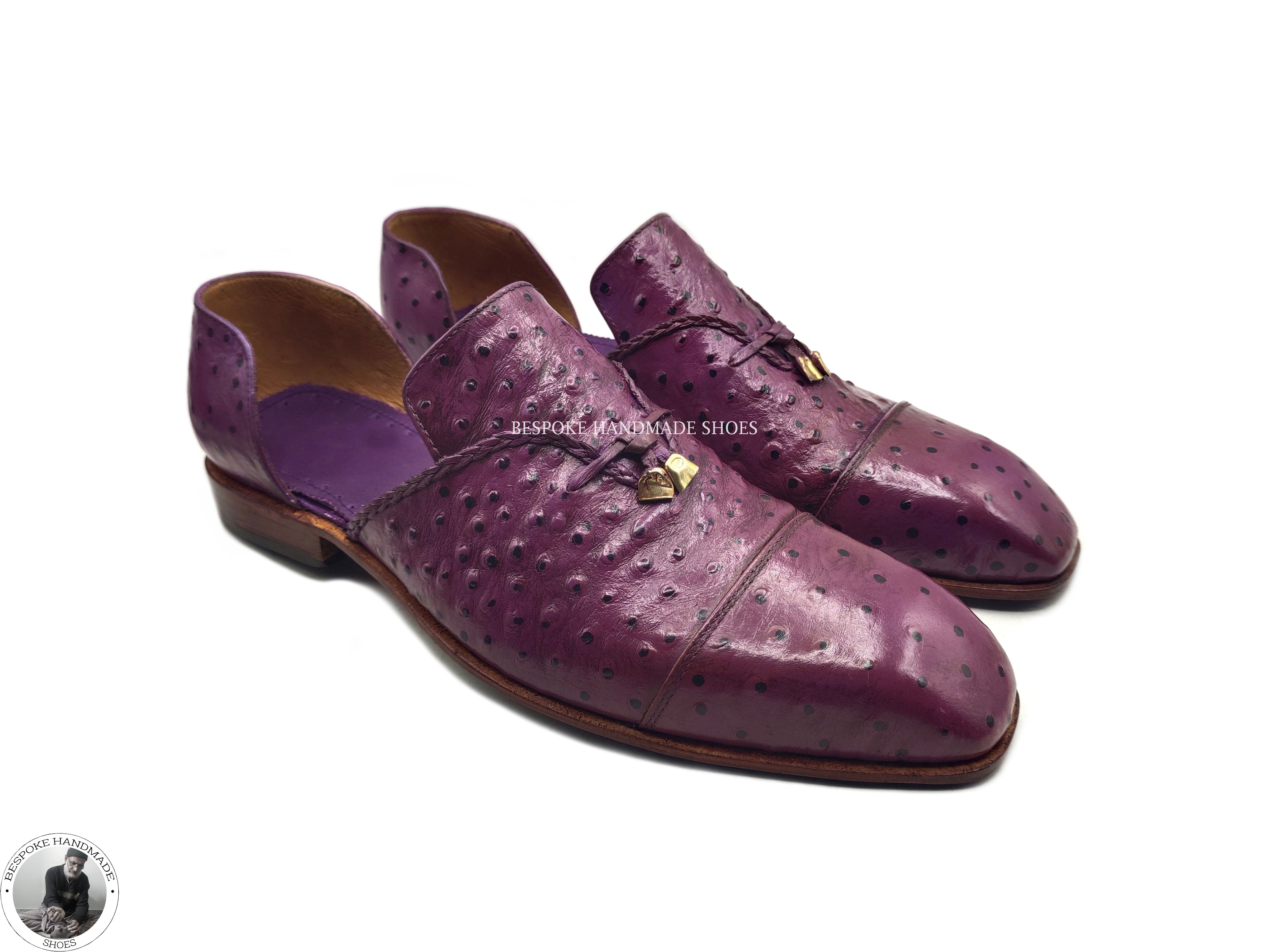 Handmade Purple Leather Toe Cap Half Slippers Ostrich Men's Dress Shoes