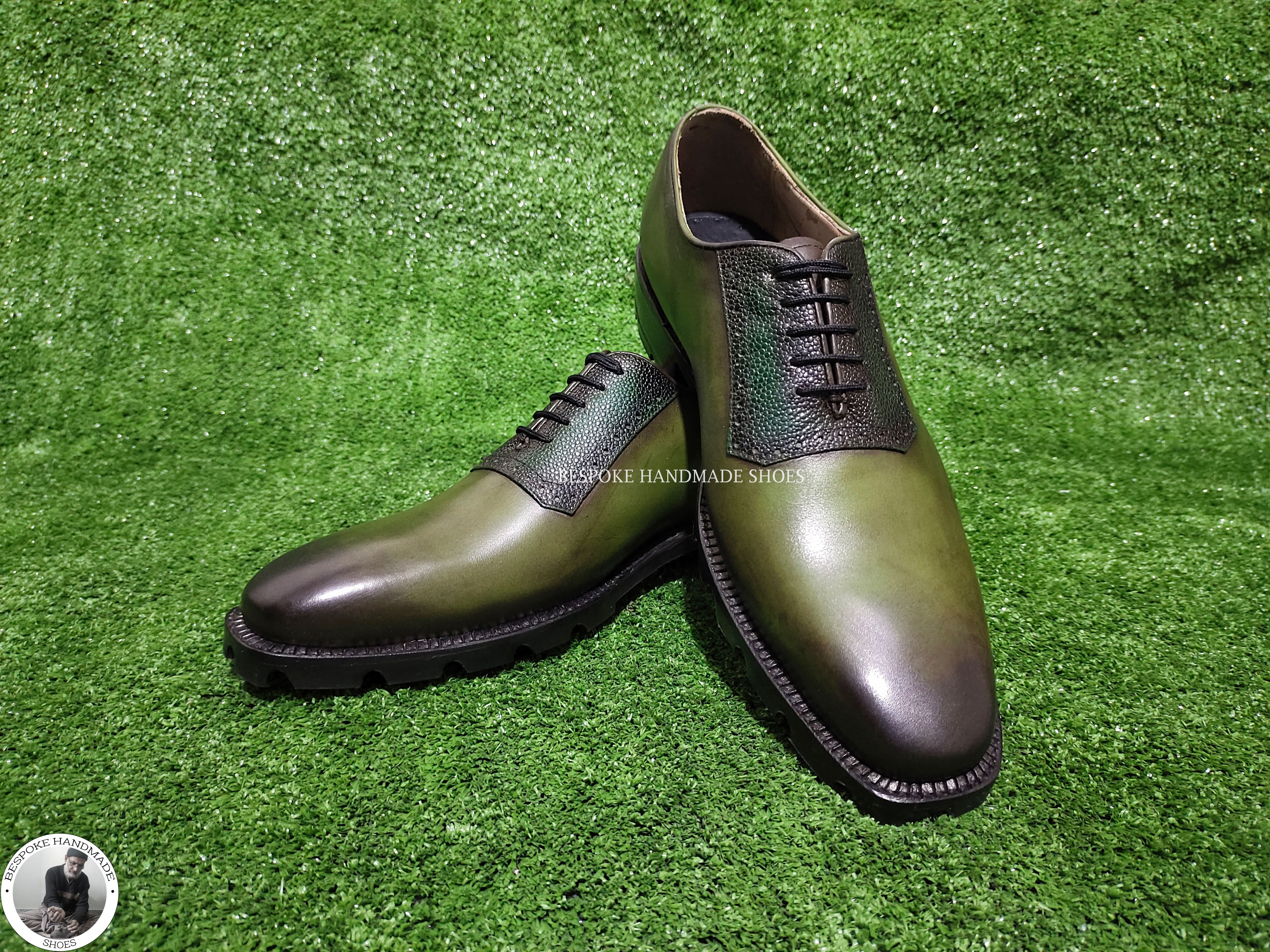 New Handcrafted Genuine Olive Green Bit Black Shaded Leather Toe Cap Lace Up Oxford Dress, Formal Shoes