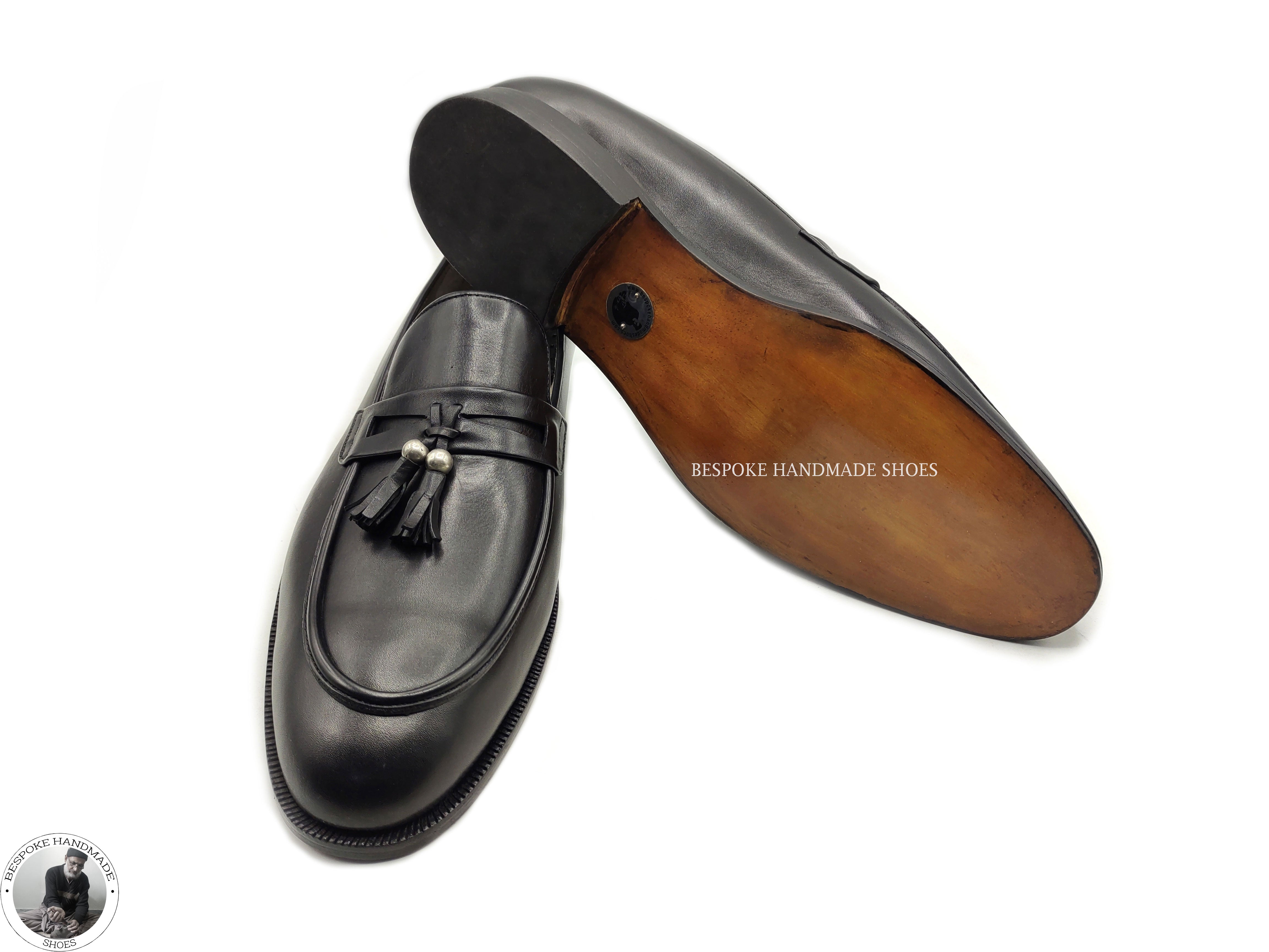 Men's Handmade Shoe, Black Leather Tassels Loafers Moccasin Slip On Dress Shoes
