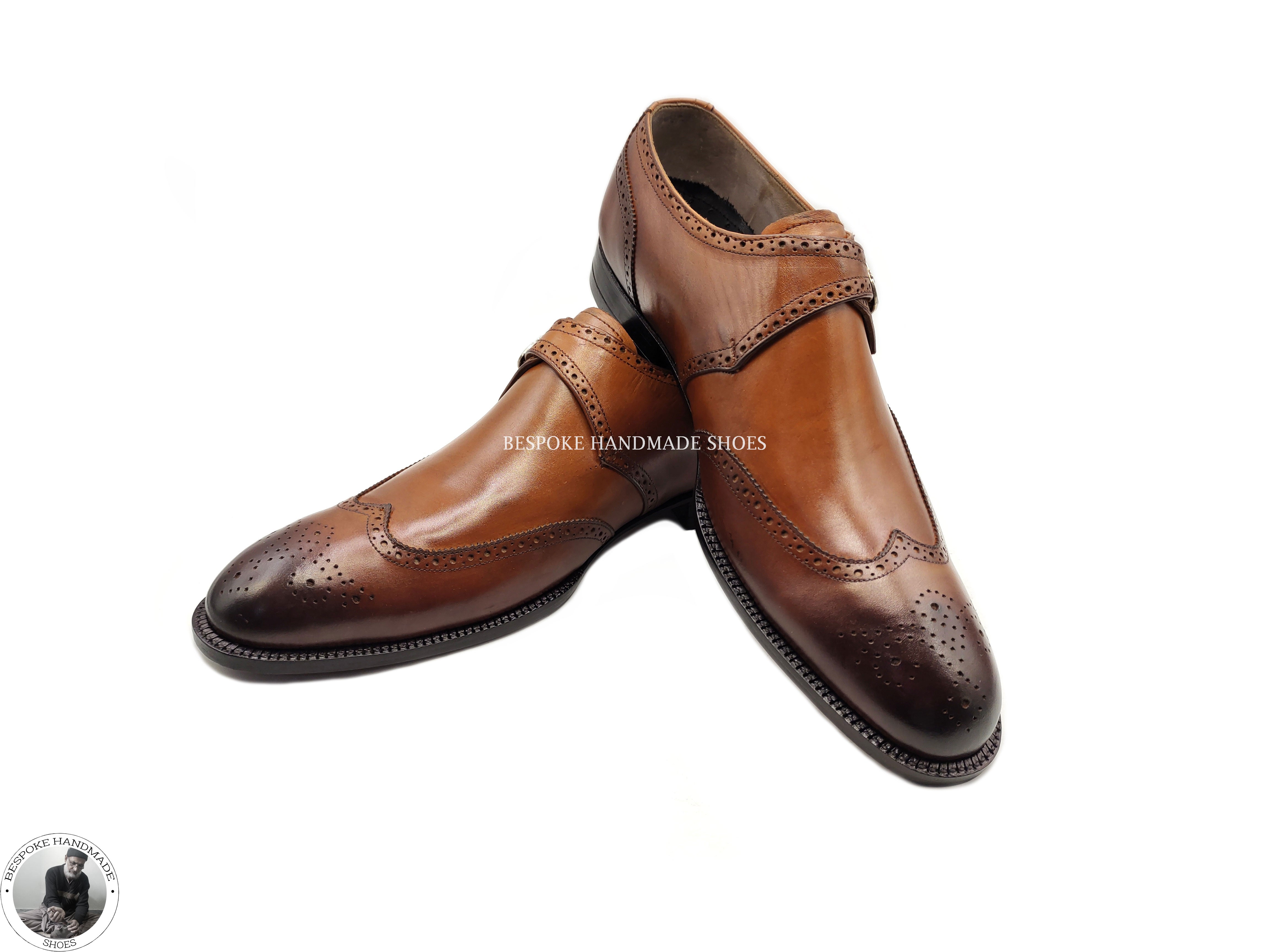 Handcrafted Men's , Brown Leather Bit Black Shaded Wingtip Brogue Casual Shoes For Men