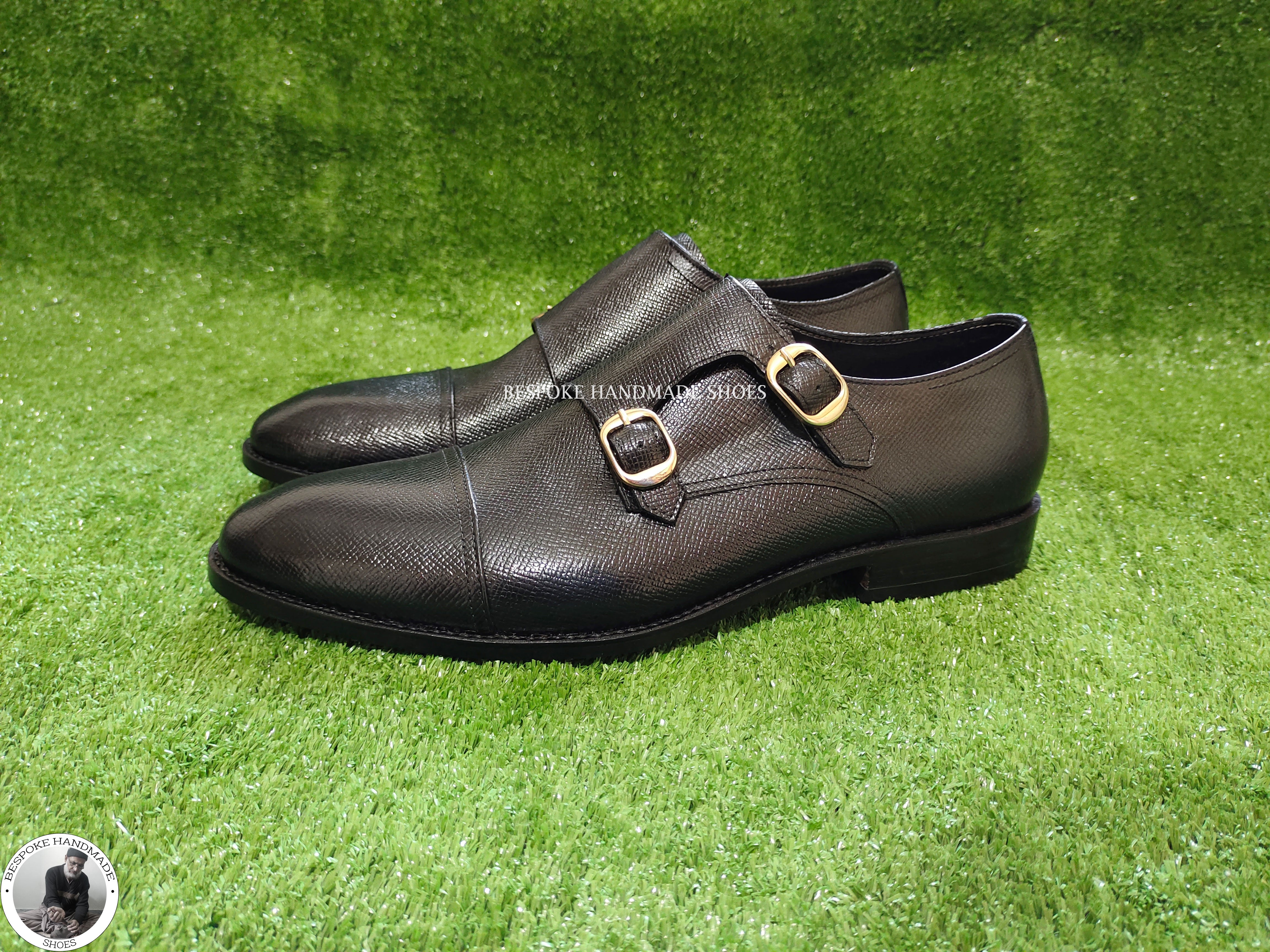 Bespoke Handmade Men's Black Leather Double Monk Strap Loafer Cap Toe Fashion Shoes