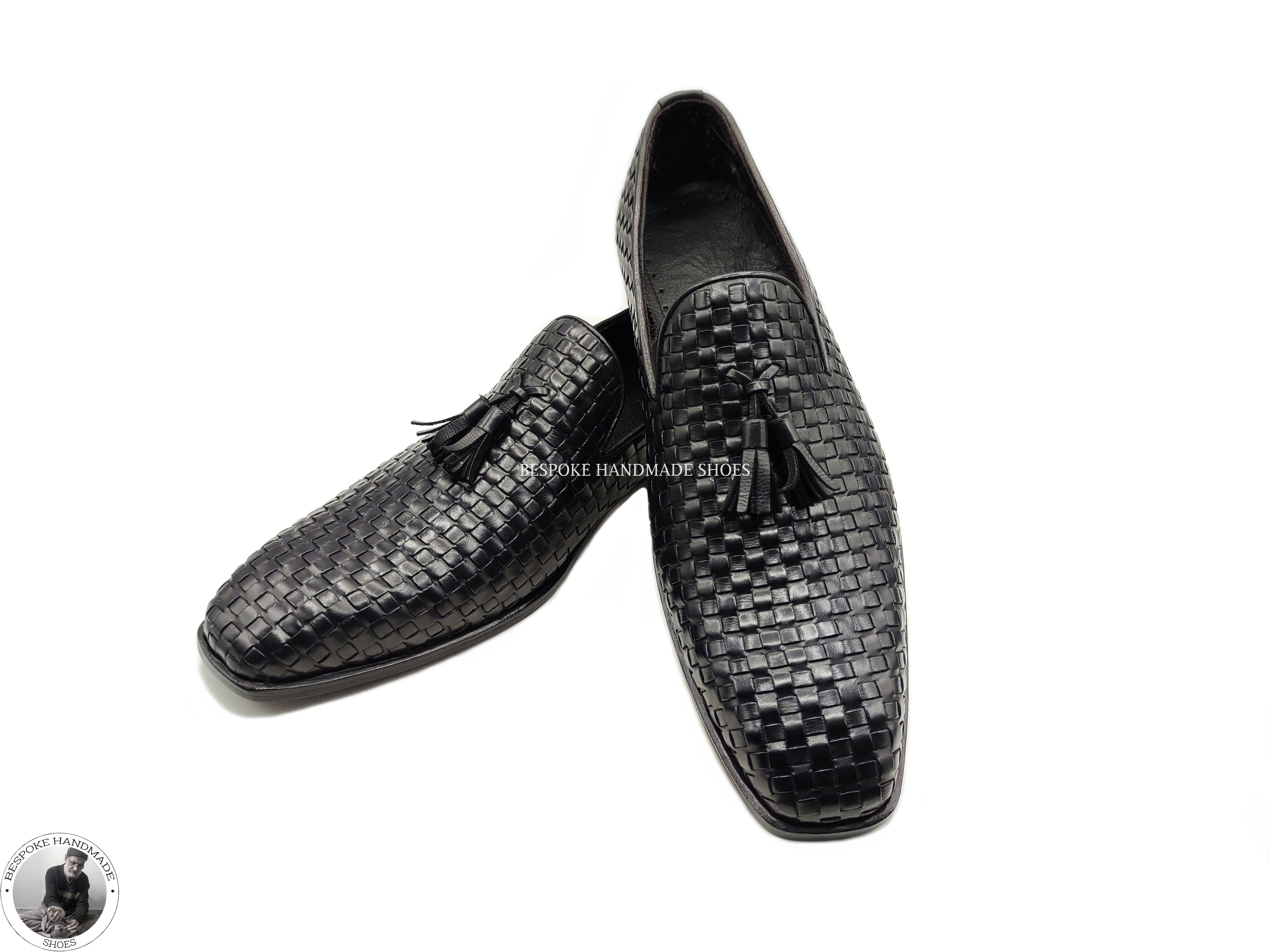 Bespoke Handmade Dress Shoes, Men’s Black Woven Leather Tassels Moccasin Slip on Formal Shoes