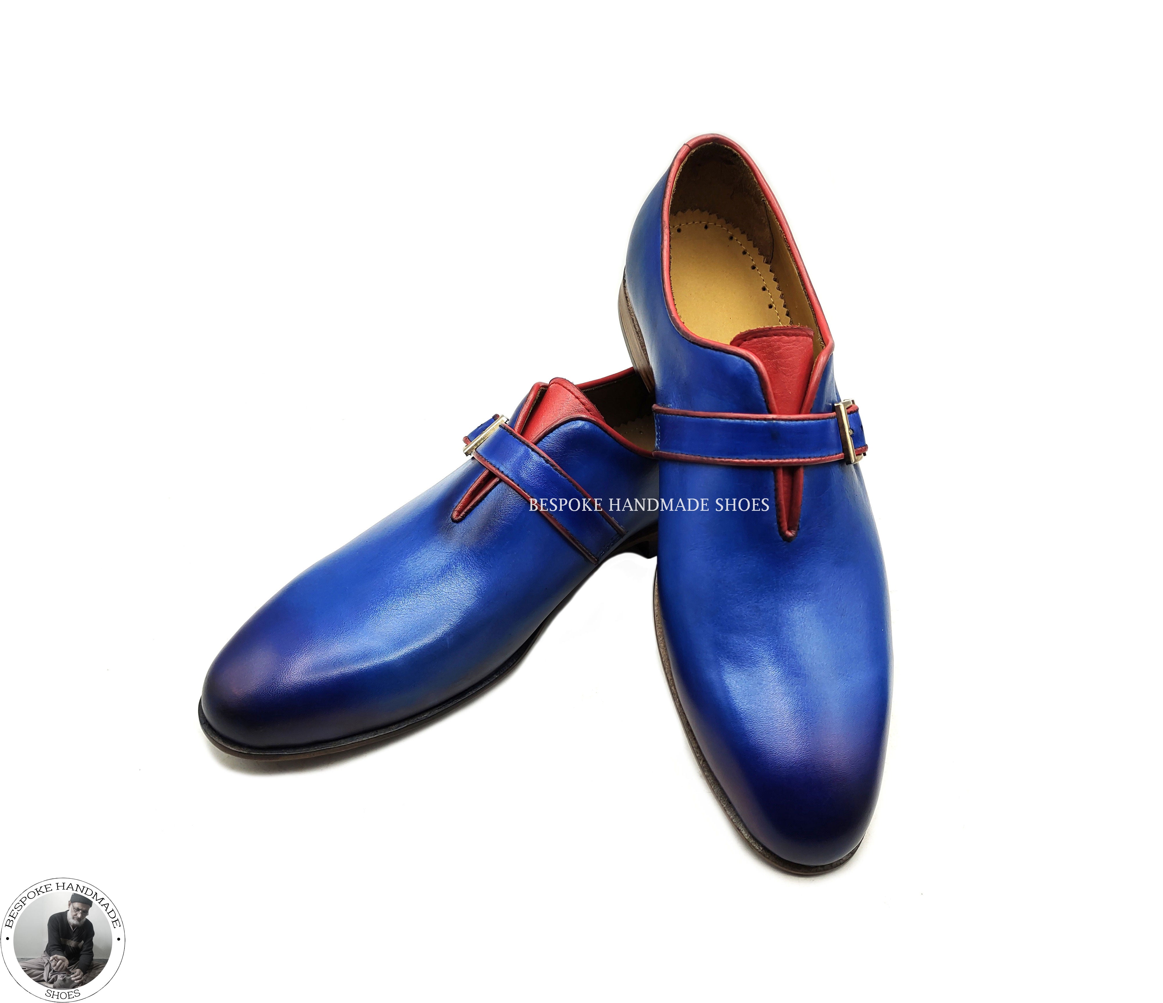 Handmade Men’s Genuine Blue Leather Bit Black Shaded Single Monk Strap Slip on Casual Shoes