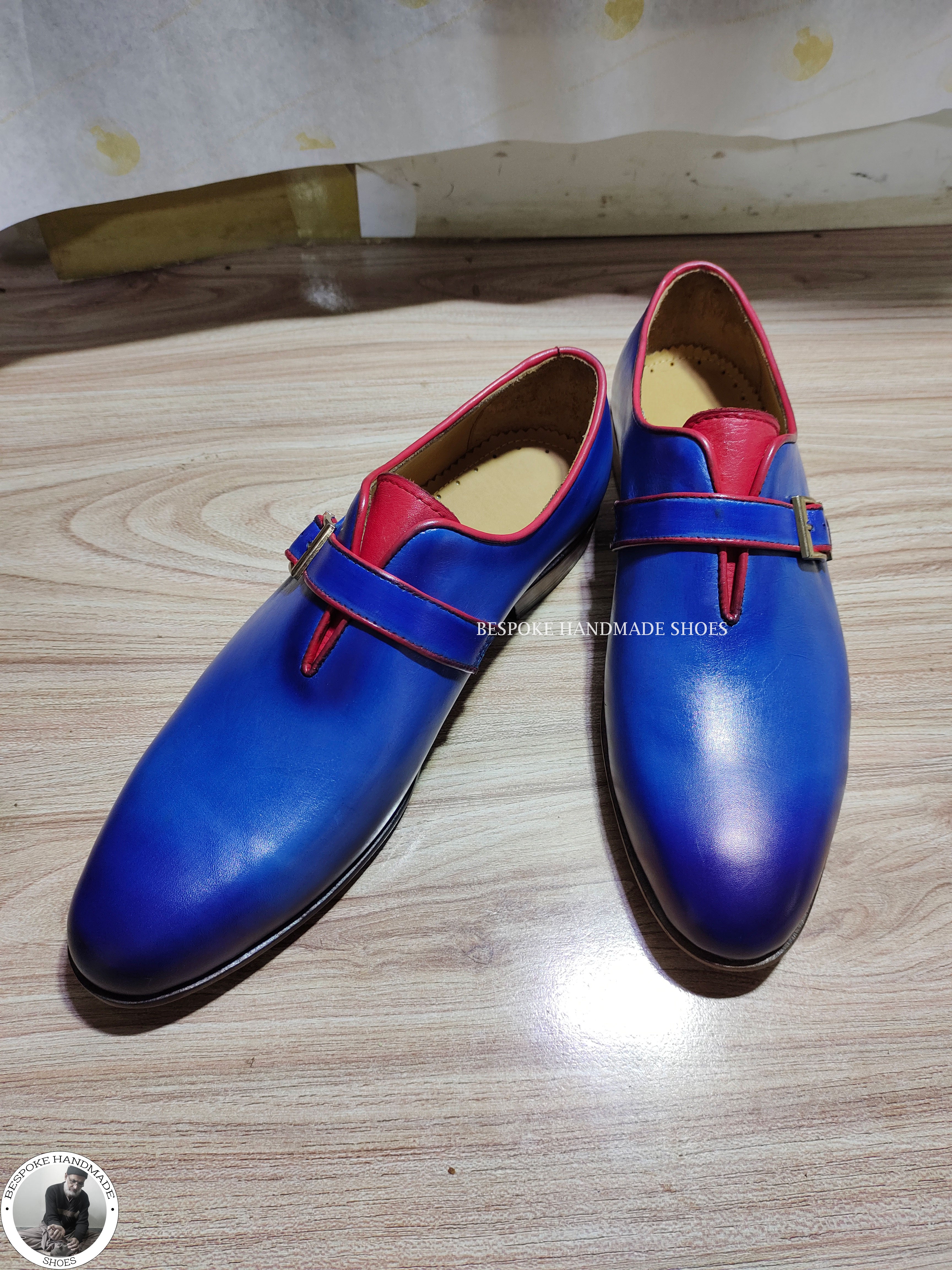 Handmade Men’s Genuine Blue Leather Bit Black Shaded Single Monk Strap Slip on Casual Shoes