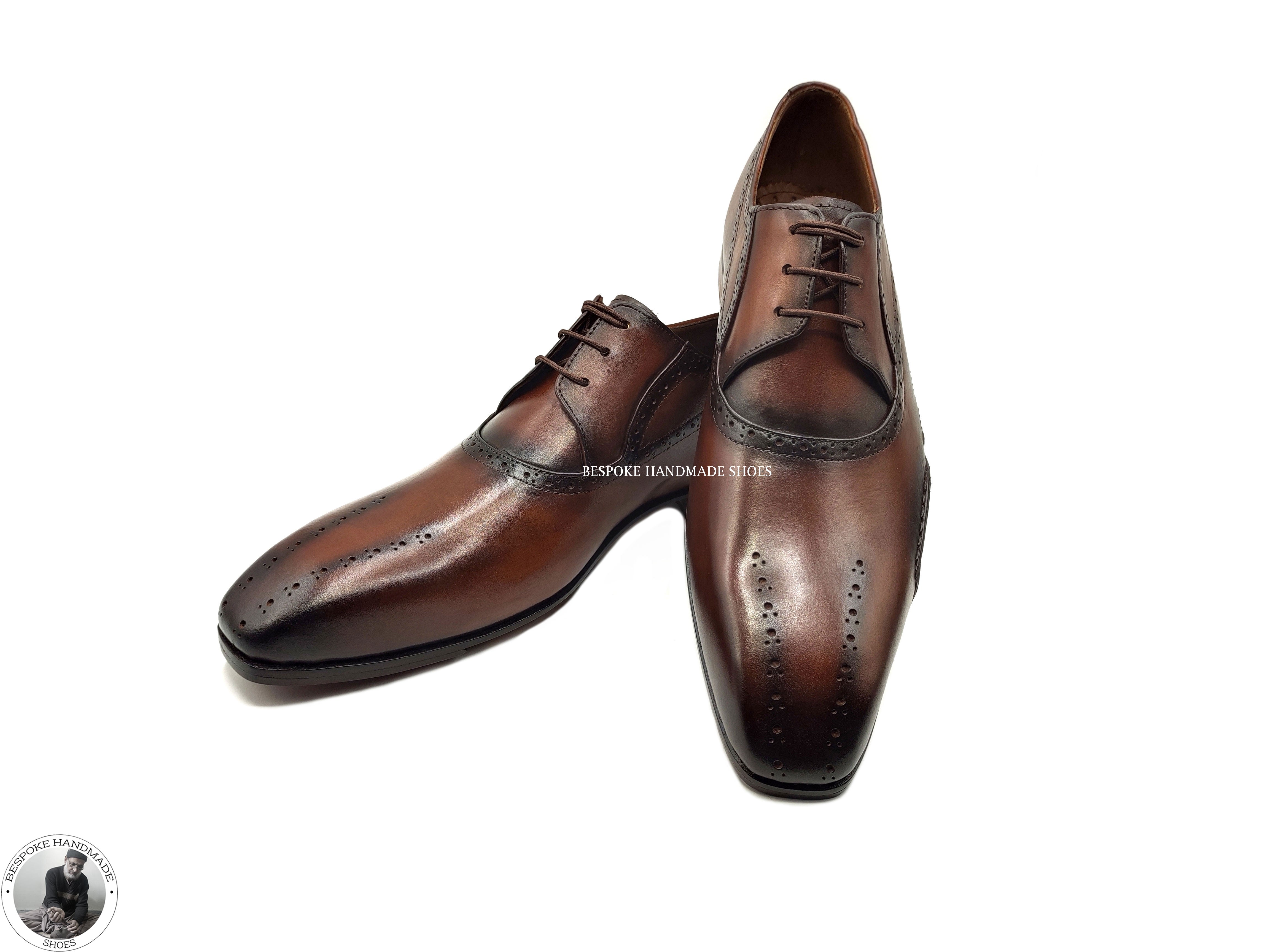 Bespoke Dress Genuine Brown Color Hand Painted Leather Shoe, Whole Cut Oxford Wingtip Lace up Shoes For Men's
