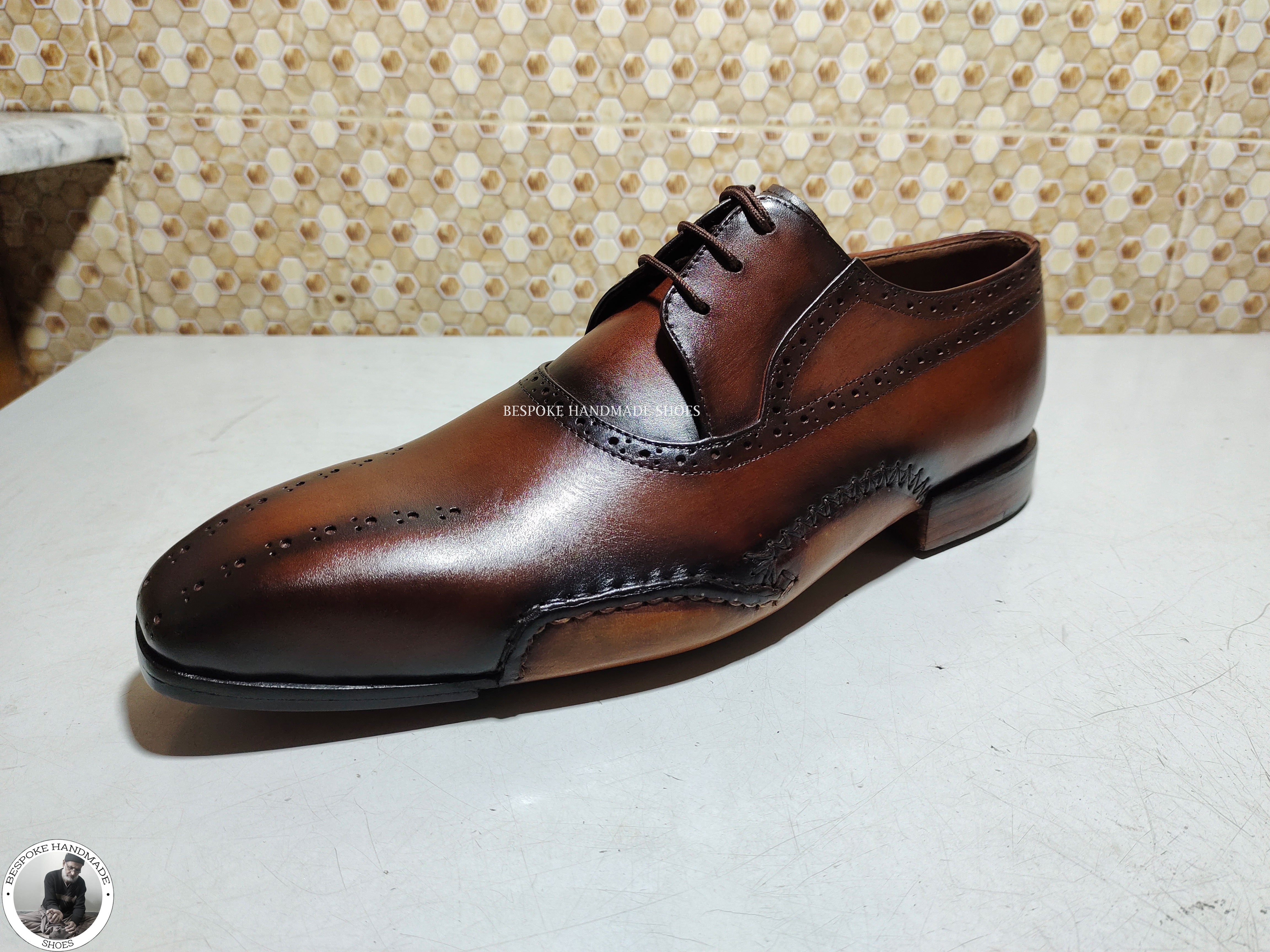 Bespoke Dress Genuine Brown Color Hand Painted Leather Shoe, Whole Cut Oxford Wingtip Lace up Shoes For Men's