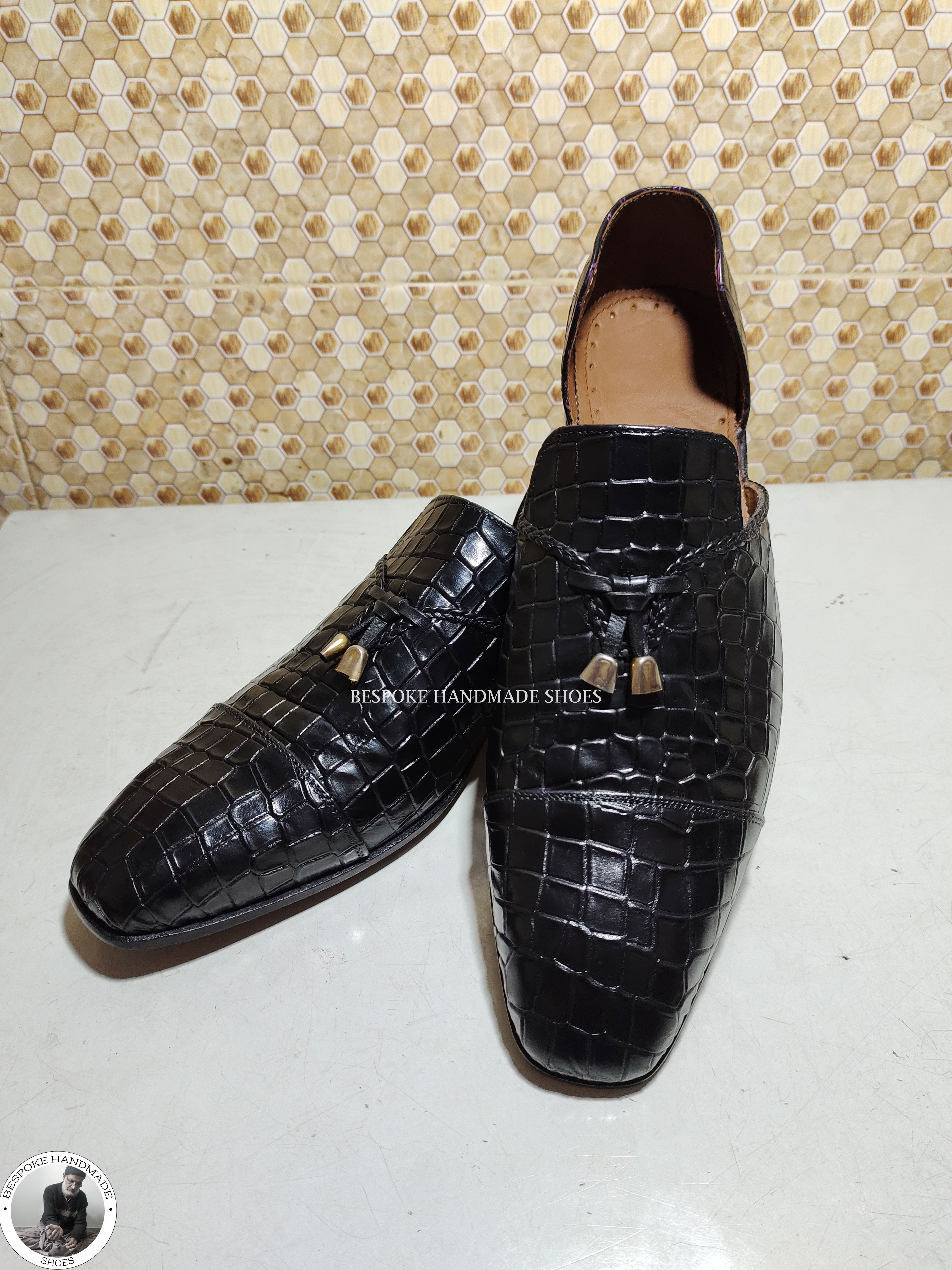 Custom Made Men’s Premium Quality Black Alligator Leather Slip on Half Shoe Leather Tassels Moccasin Shoes