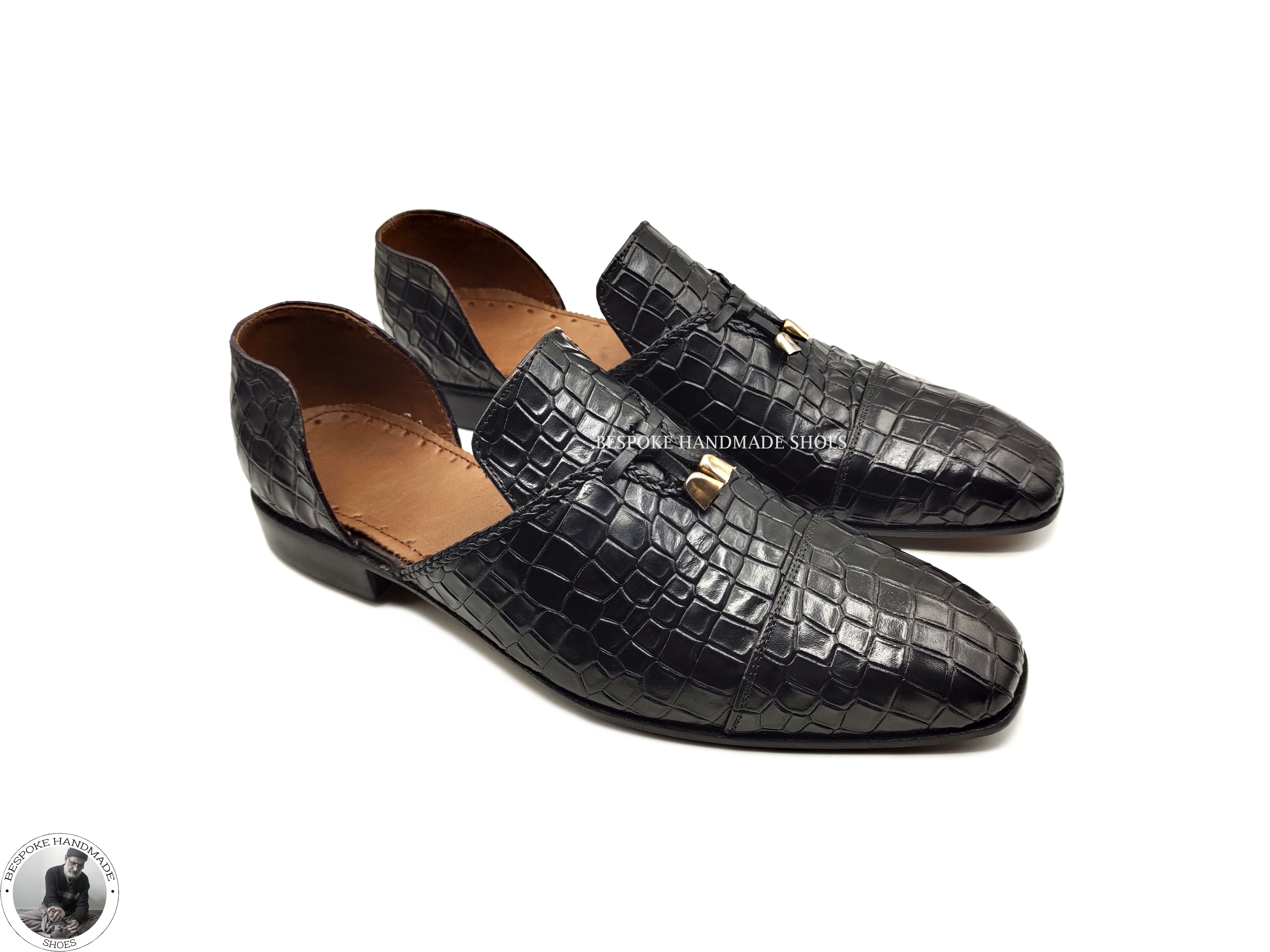 Custom Made Men’s Premium Quality Black Alligator Leather Slip on Half Shoe Leather Tassels Moccasin Shoes
