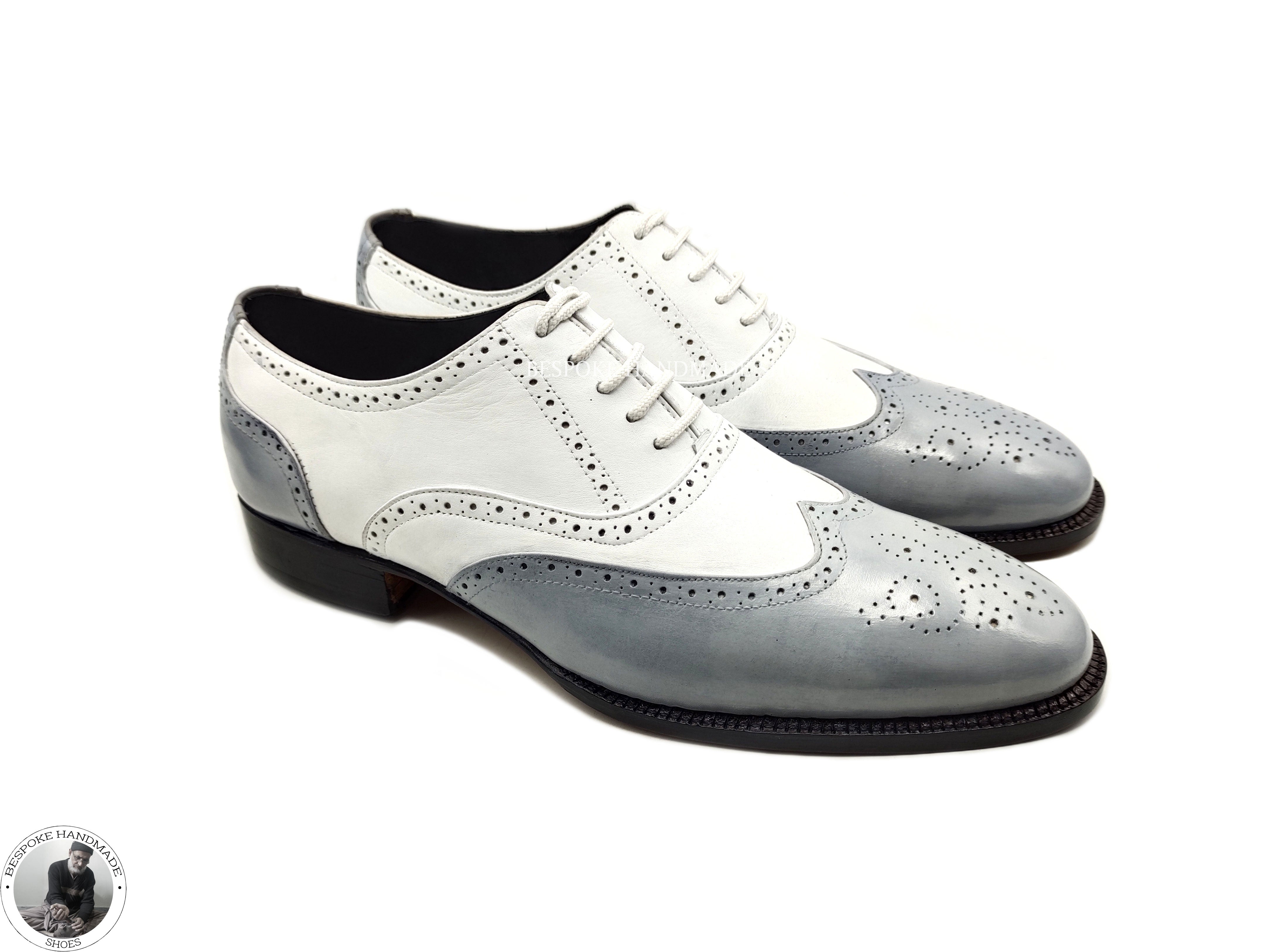 Custom Made, White & Grey Genuine Leather Oxford Brogue Wingtip Casusal Shoes For Men's