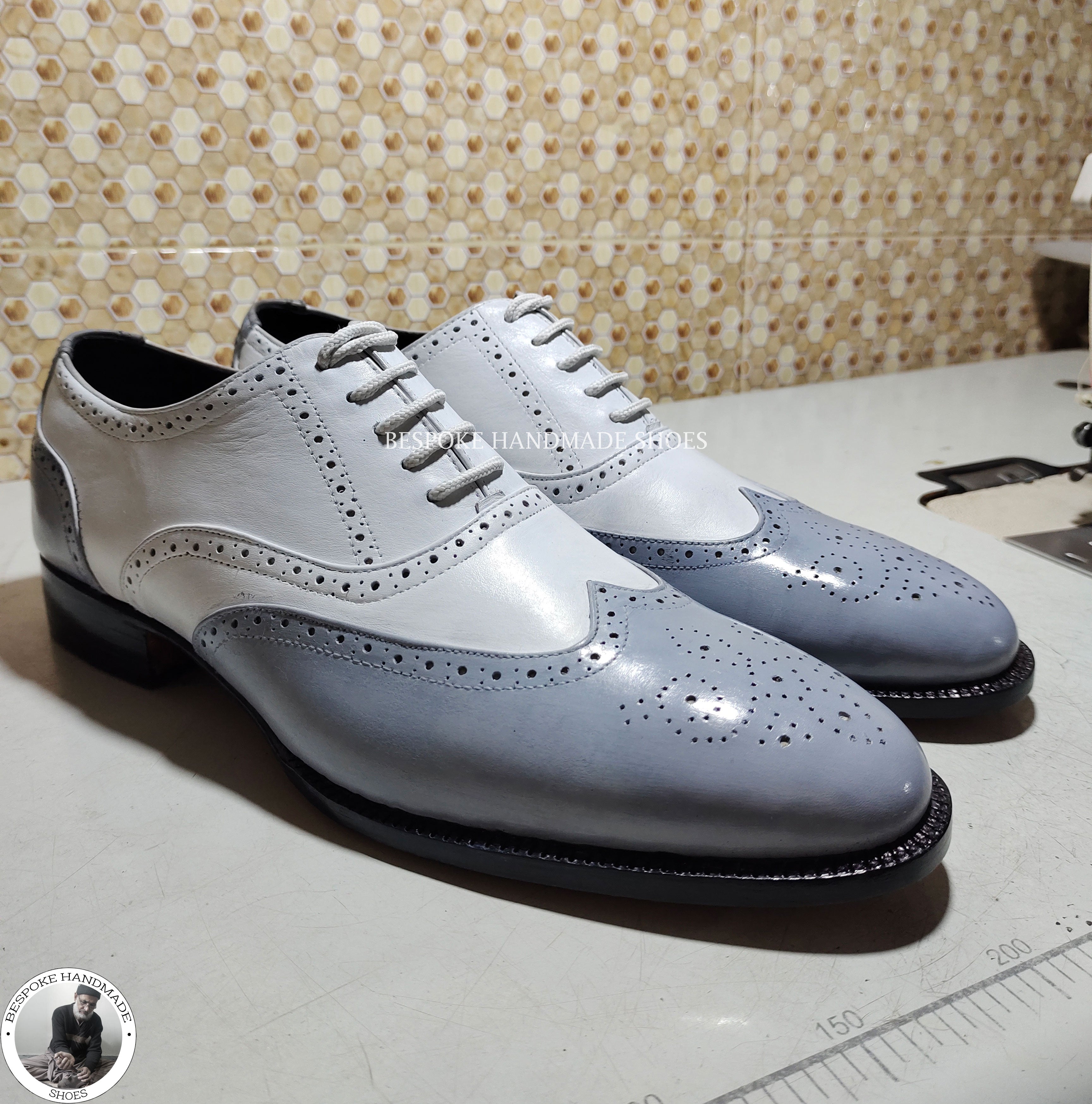 Custom Made, White & Grey Genuine Leather Oxford Brogue Wingtip Casusal Shoes For Men's