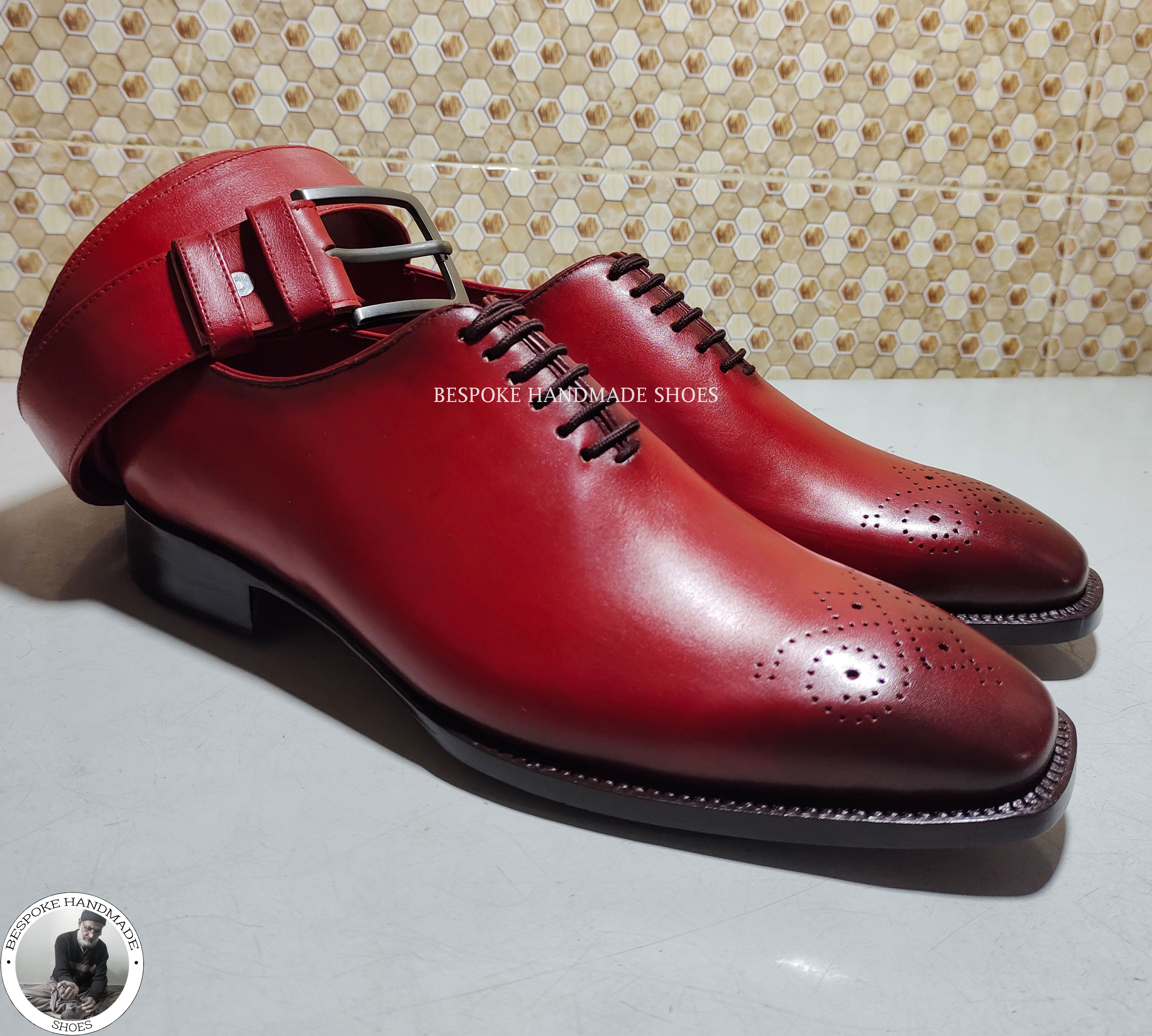 Tailor Made Red Leather Black Shaded Shoe, Wholecut Brogue Fashion Shoes For Men's
