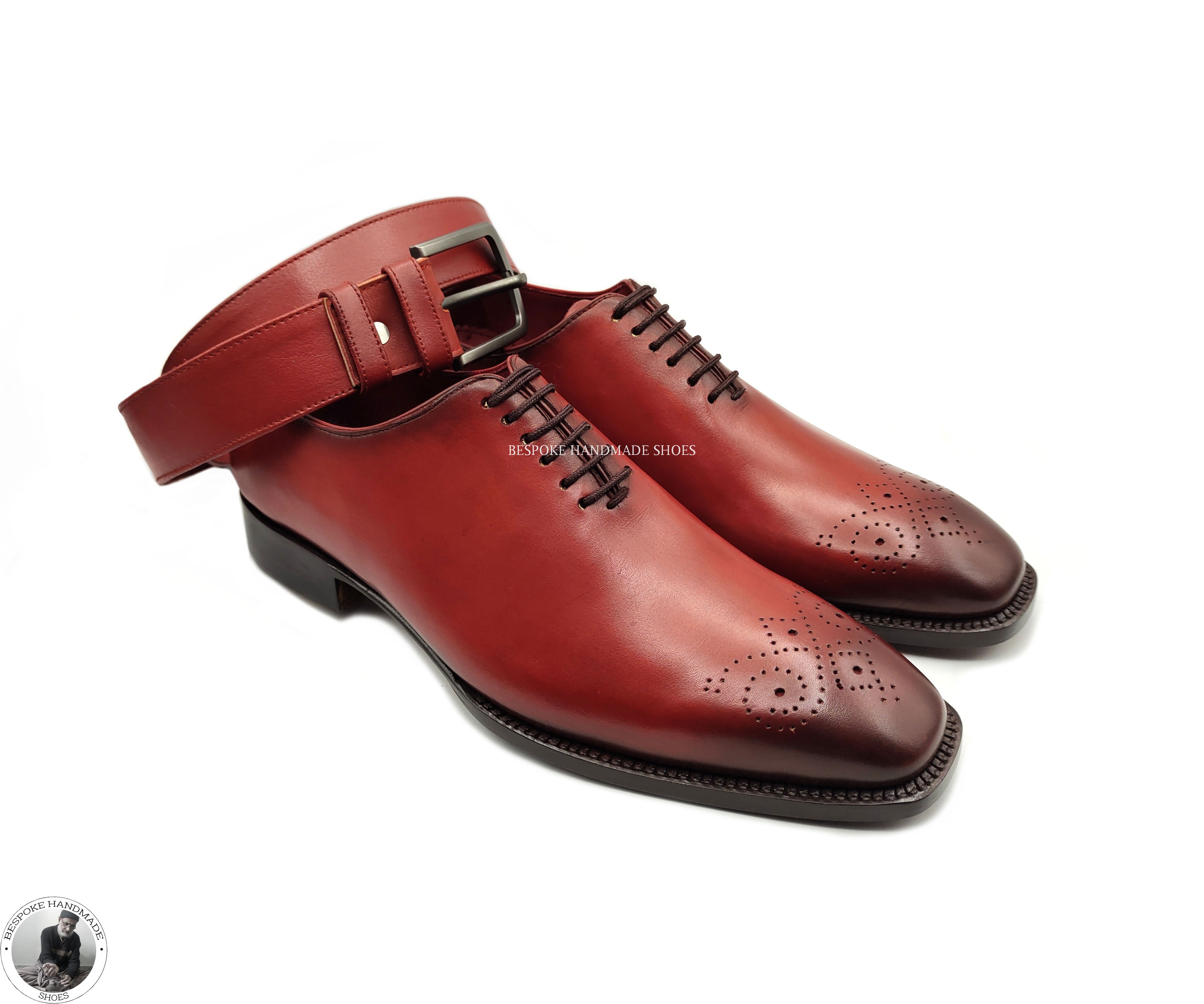 Tailor Made Red Leather Black Shaded Shoe, Wholecut Brogue Fashion Shoes For Men's