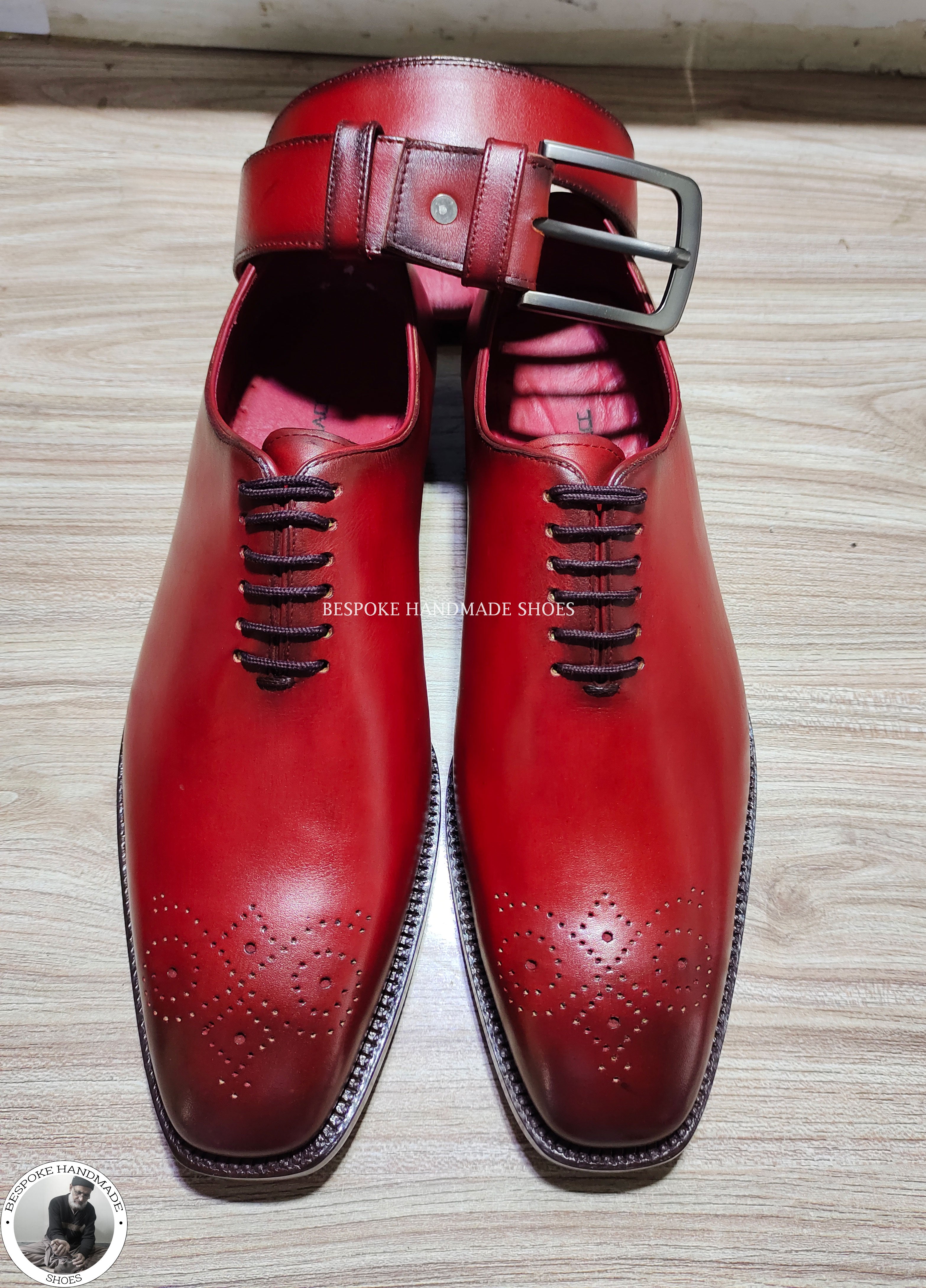 Tailor Made Red Leather Black Shaded Shoe, Wholecut Brogue Fashion Shoes For Men's