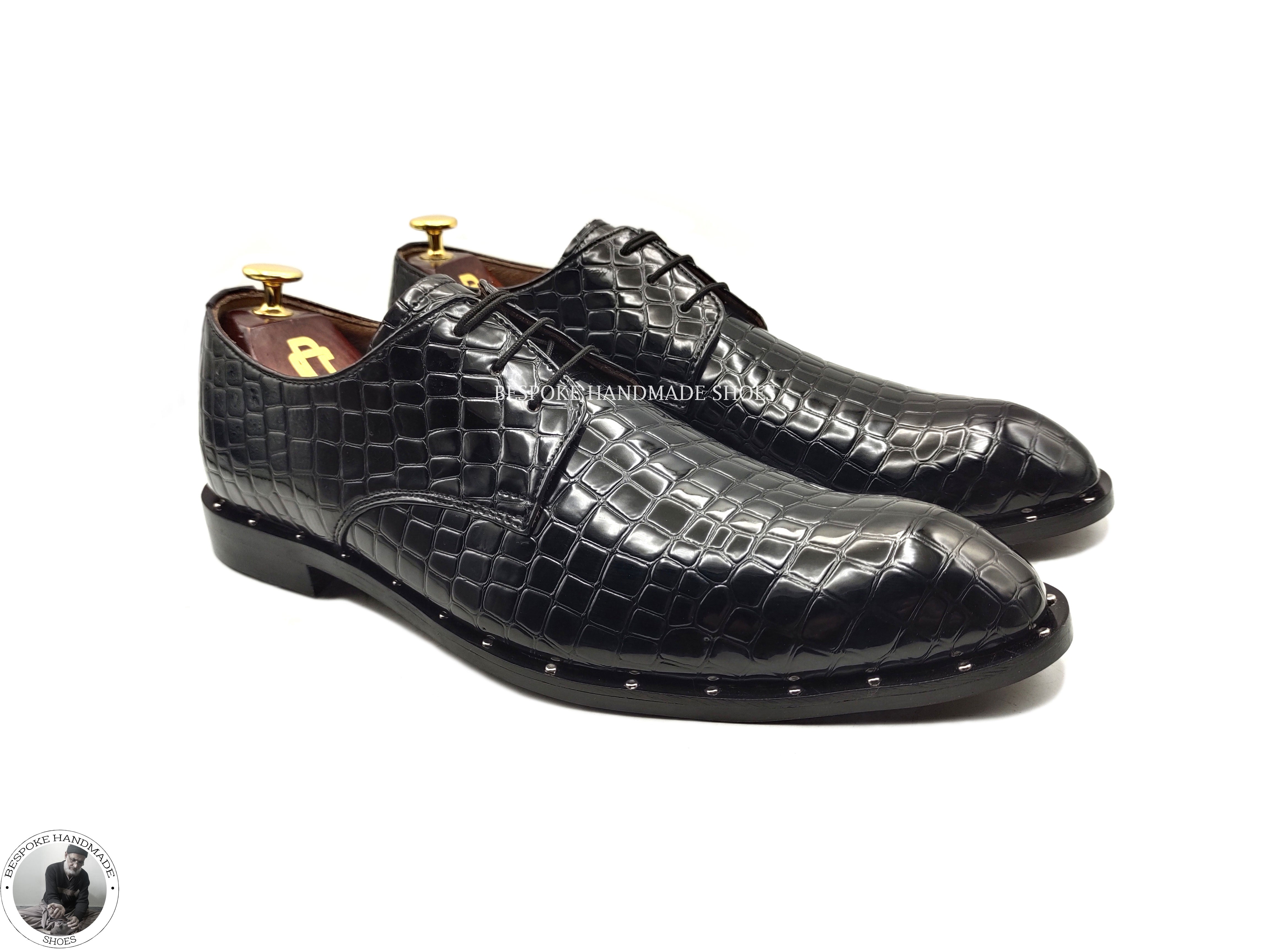 Handcrafted Men’s Genuine Black Alligator Leather Print Oxford Lace up Wingtip Unique Shoes