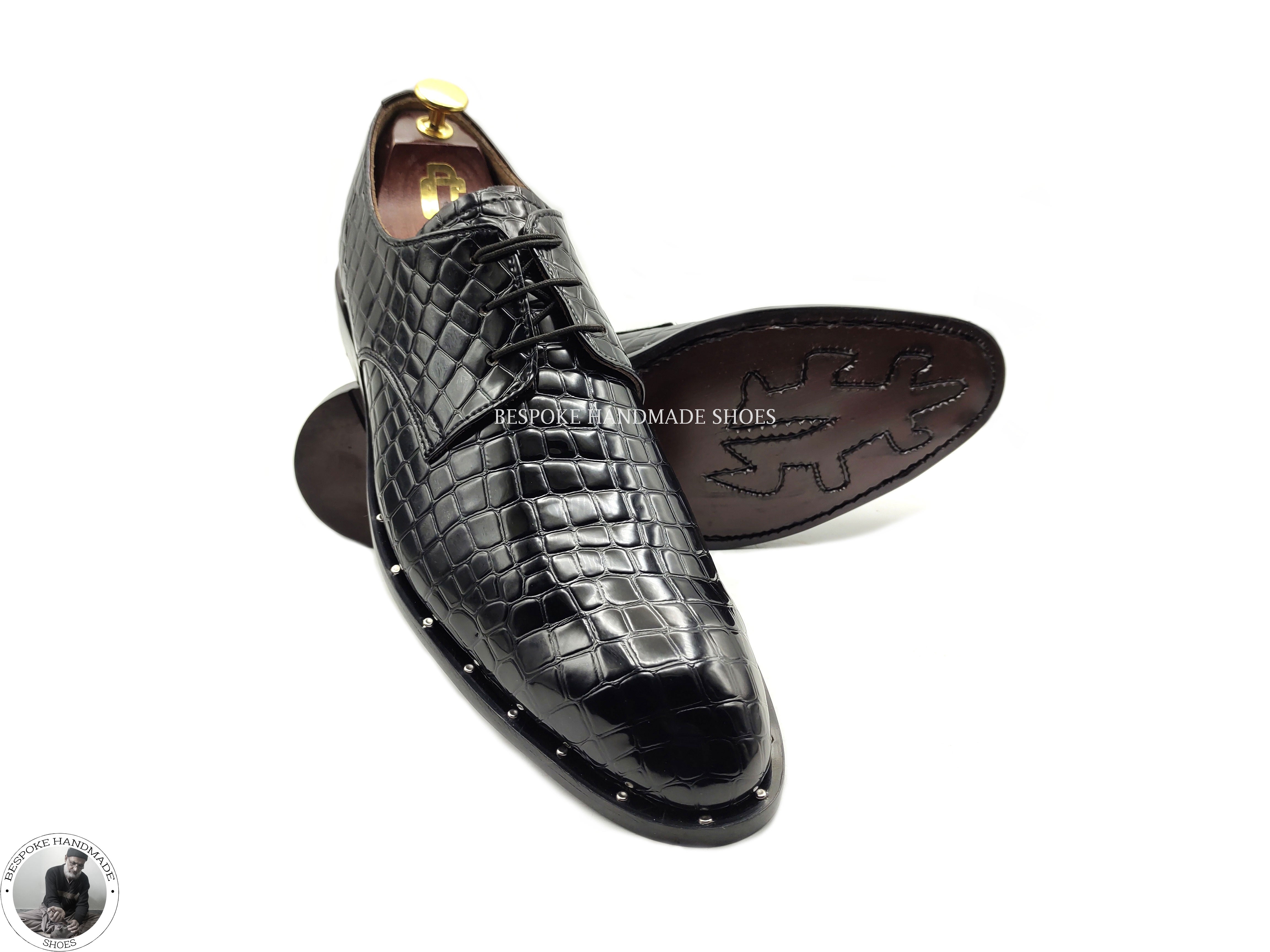 Handcrafted Men’s Genuine Black Alligator Leather Print Oxford Lace up Wingtip Unique Shoes