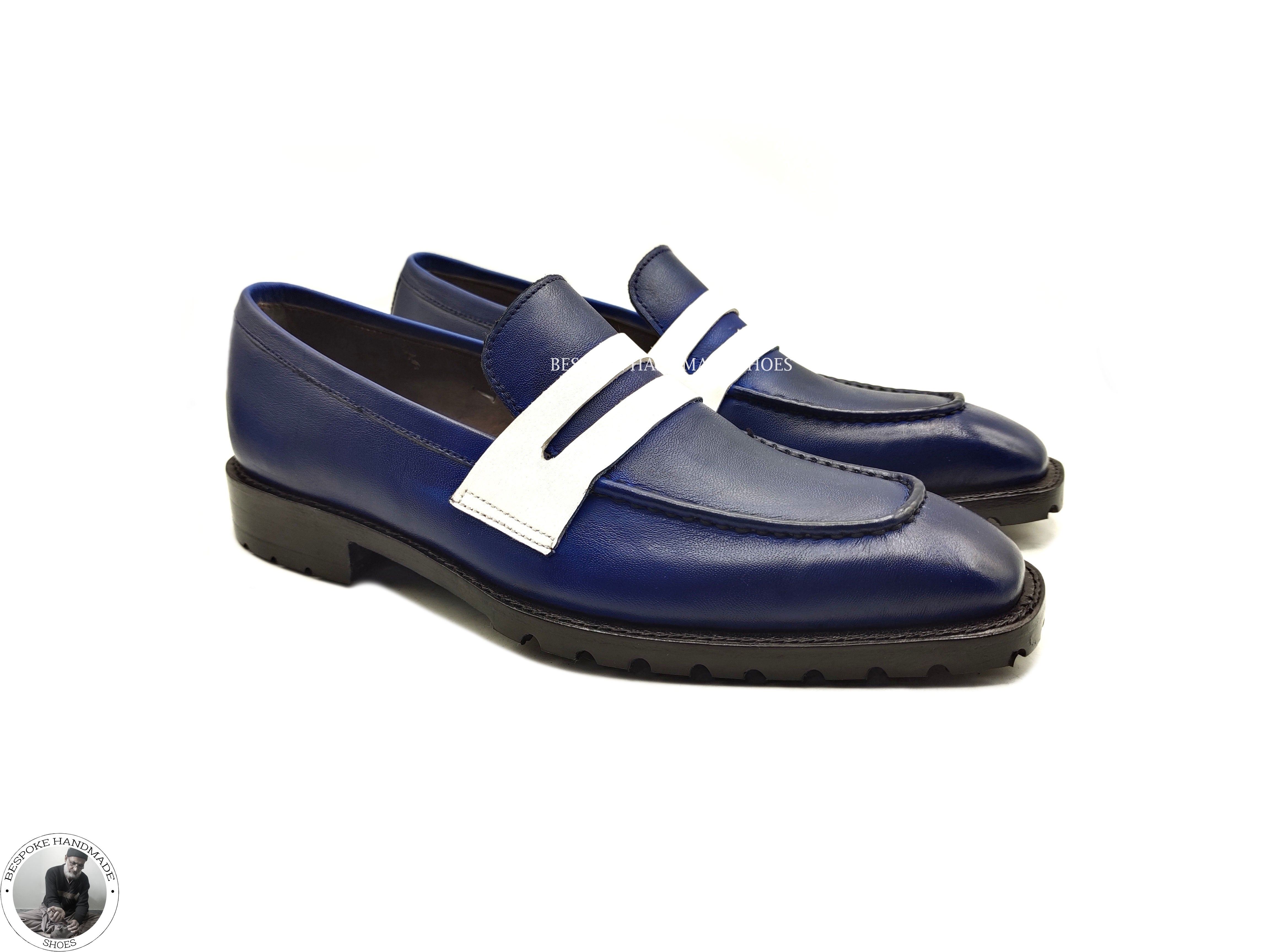 Buy Men’s Genuine Blue & White Leather Genuine Slip on Loafer Style Dress / Casual Shoes