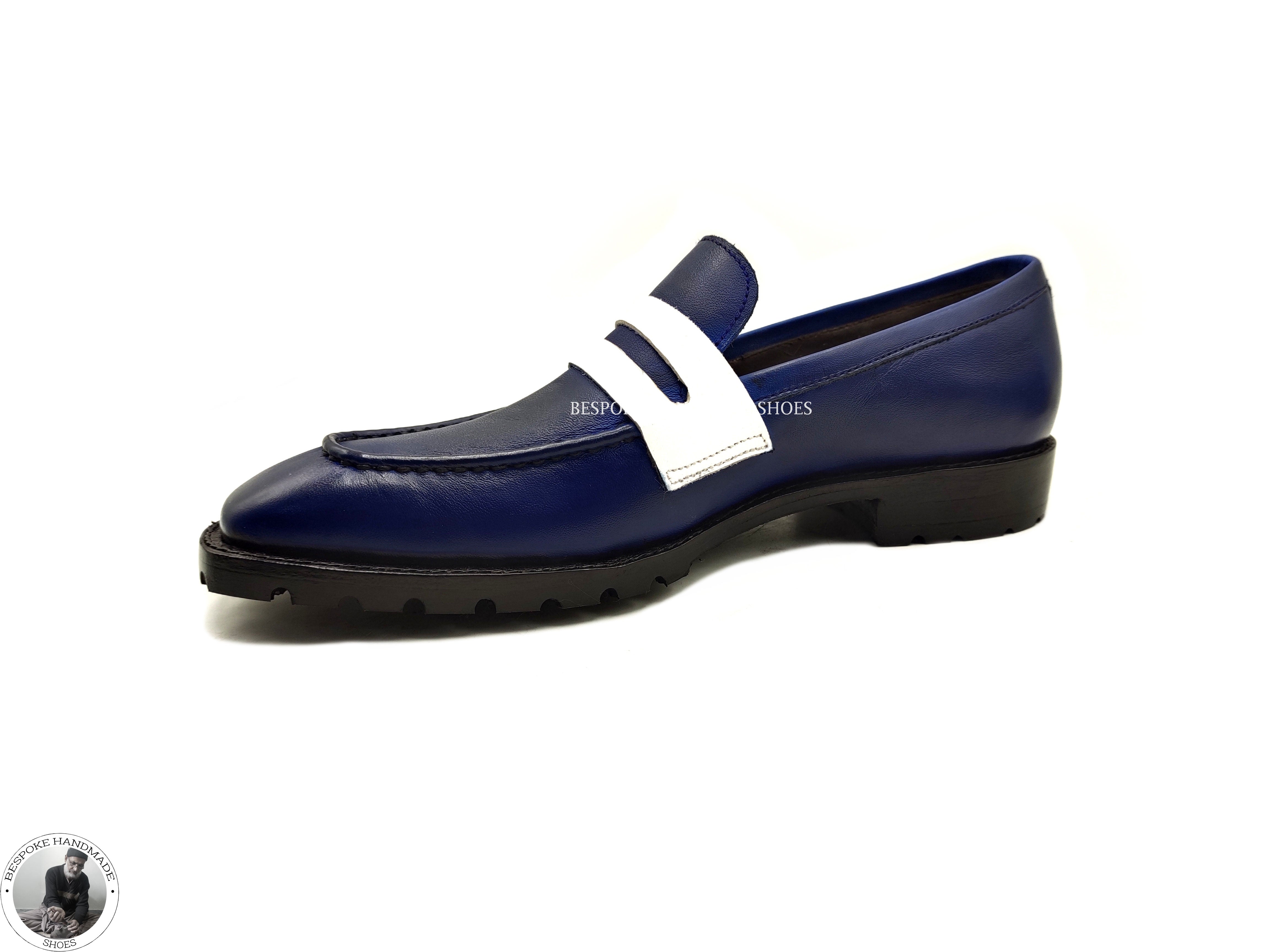 Buy Men’s Genuine Blue & White Leather Genuine Slip on Loafer Style Dress / Casual Shoes