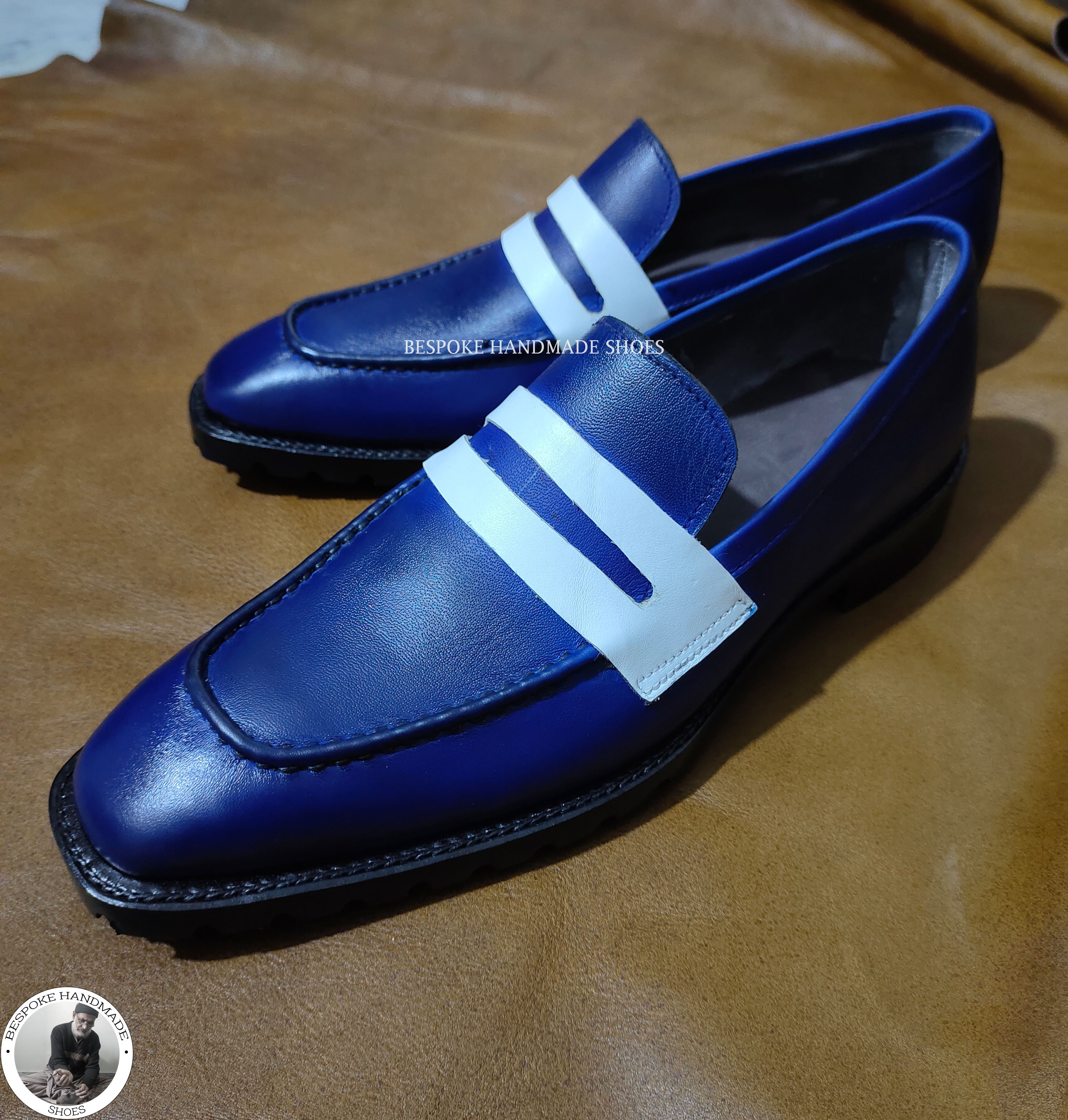 Buy Men’s Genuine Blue & White Leather Genuine Slip on Loafer Style Dress / Casual Shoes