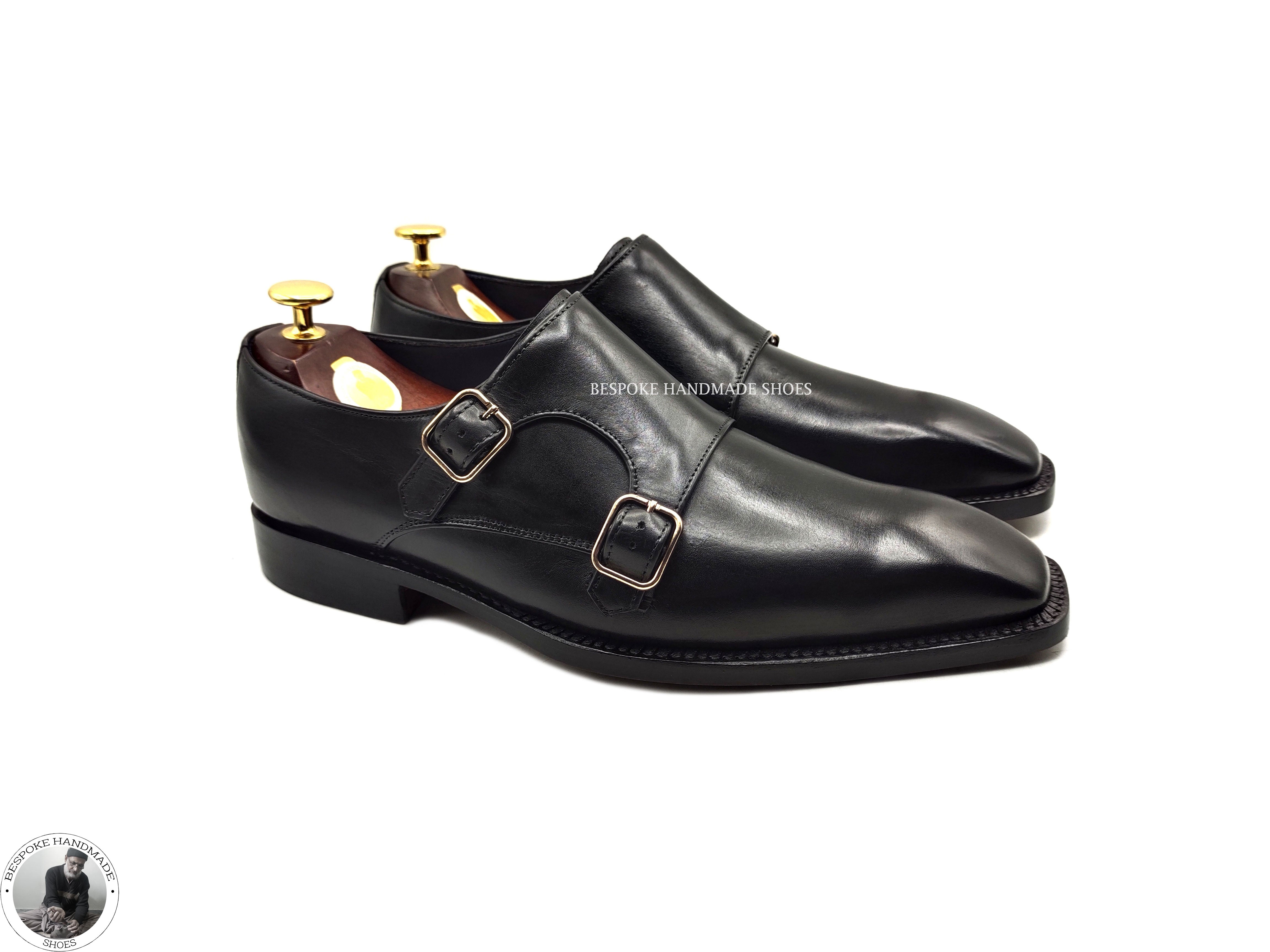 Handmade Bespoke Genuine Black Leather Double Monk Strap Wholecut Casual Shoes For Men's