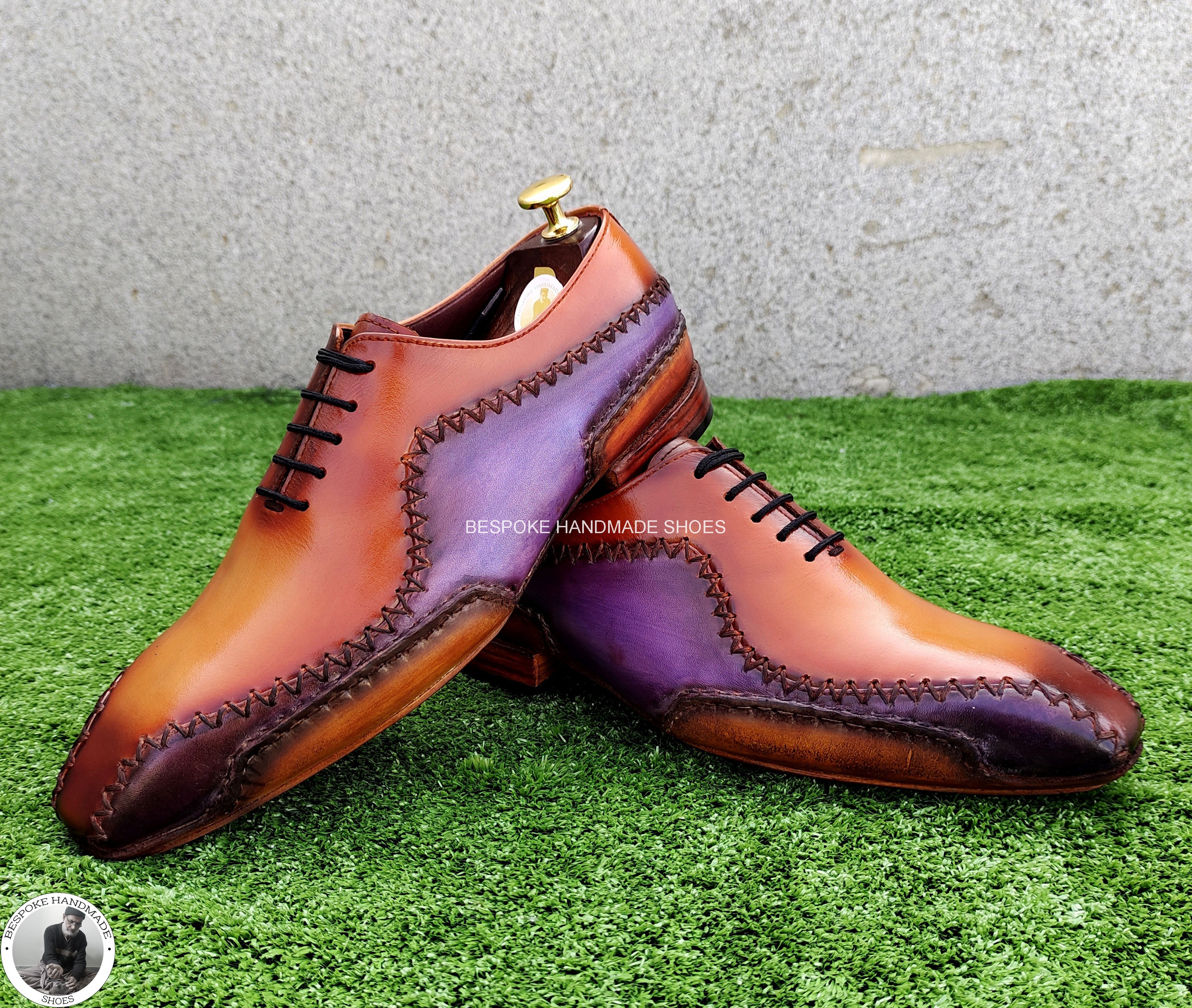 Buy Handmade Men's Real Two Tone Brown & Purple Leather Oxford Wholecut Lace up Dress / Formal Shoes