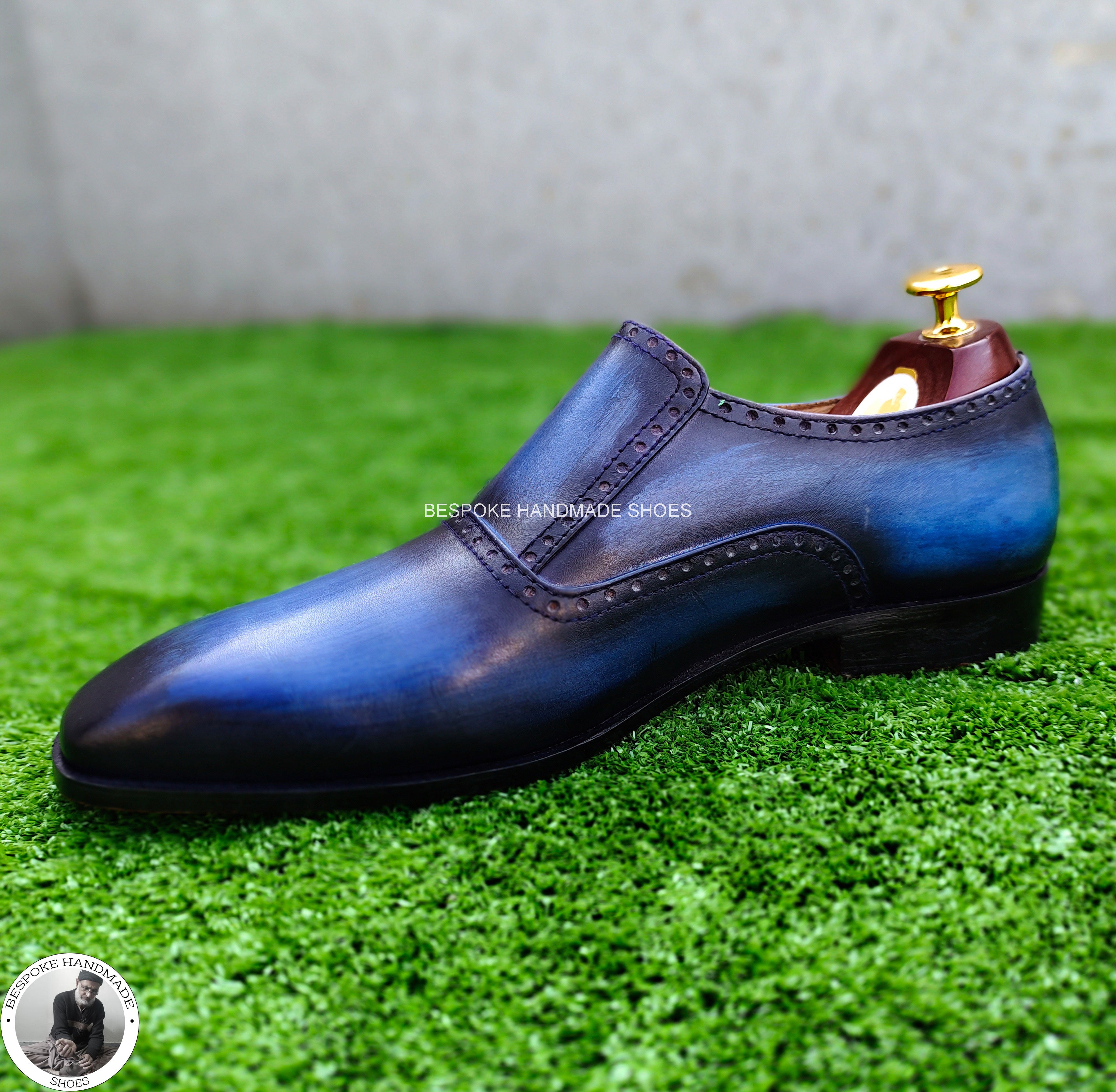 Handmade Bespoke Blue Leather Black Leather Monk Strap Wholecut Dress / Formal Shoes