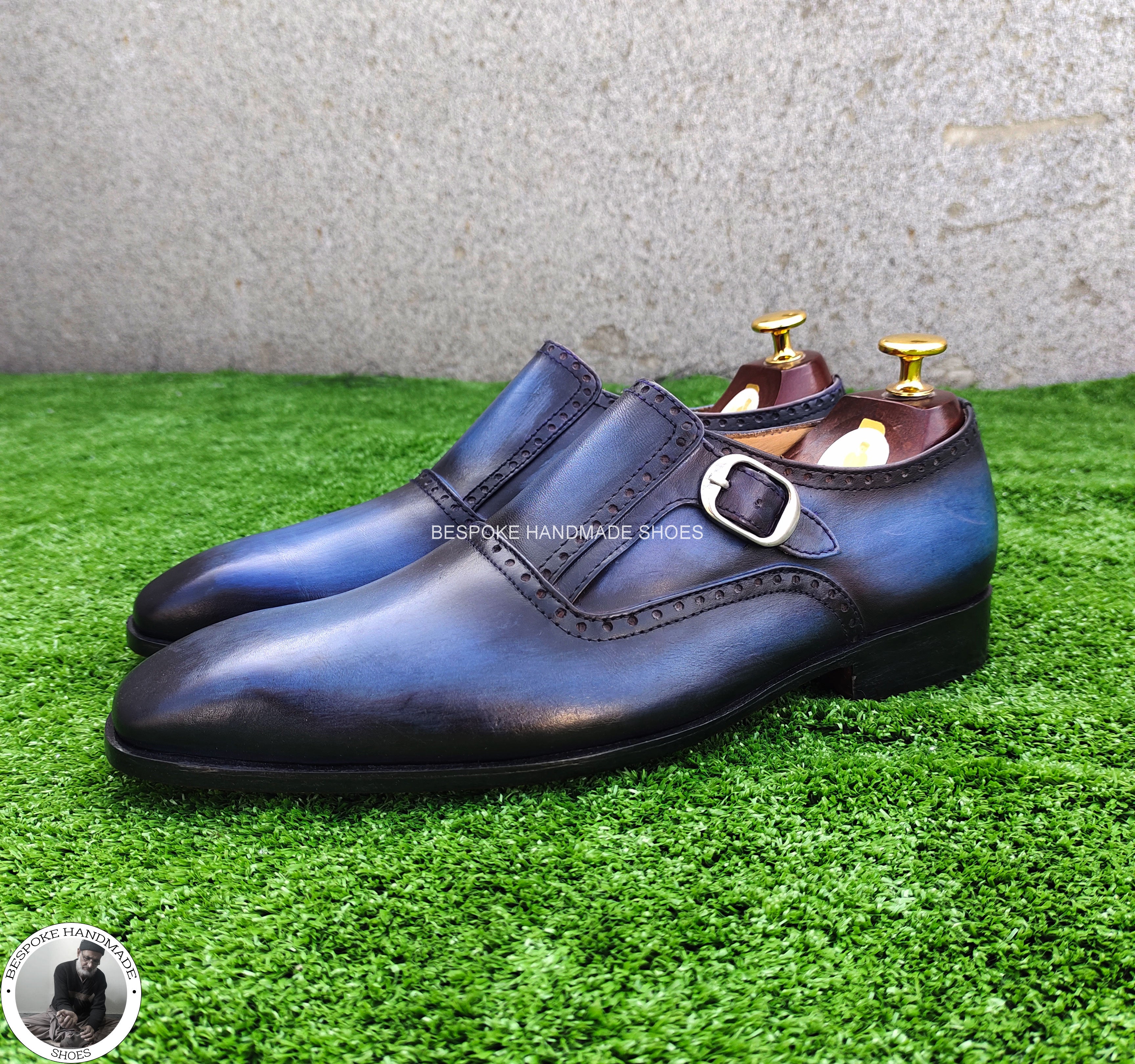 Handmade Bespoke Blue Leather Black Leather Monk Strap Wholecut Dress / Formal Shoes