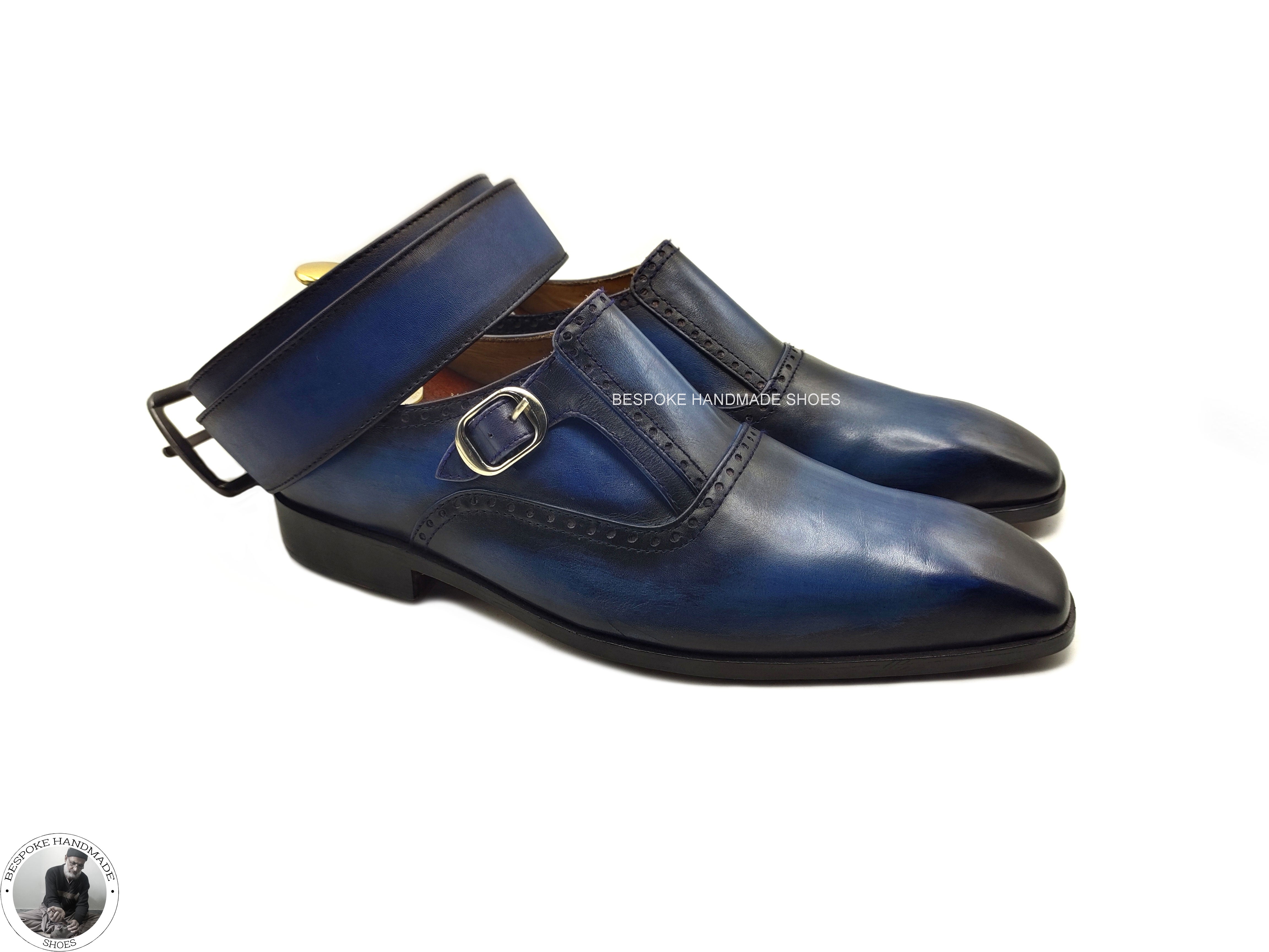 Handmade Bespoke Blue Leather Black Leather Monk Strap Wholecut Dress / Formal Shoes